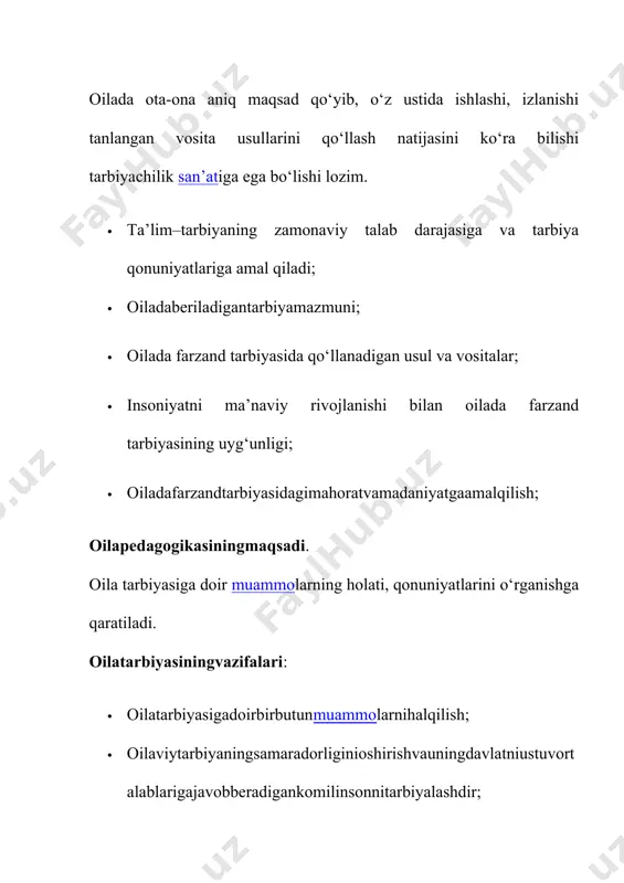 suliyat hissi rivoj topadi. shu sababli ham bola tarbiyasida ota-onaning mavqei alohida ahamiyatga egadir. ular tanlagan to‘g‘ri yo‘l farzandlarining kelajagi, kamoloti uchun nihoyatda muhimdir. jamiyatda farzandlari xulq-atvoriga qarab ota-onalariga baho berishni aytib ularni ogohlantiradi. mirzo ulug‘bekning qarashlarida bolaning bilim olishiga bo‘lgan qiziqishi havasini oshirishda u tarbiyalanayotgan muhit muhim o‘rin egallaydi. shunday ekan, avvalambor bola tarbiyasida oila muhitini to‘g‘ri tashkil qilish darkor. unsurul maoniy kaykovus «qobusnoma» pandnomasida o‘z farzanding sening haqingda qanday bo‘lishini tilasang, sen ham ota-onang haqida shunday bo‘lgil, nedinkim sen ota-onang haqida ne ish qilsang, farzanding ham sening haqingda shundoq ish qilur, chunki farzand mevaga, ota-ona mevali daraxtga o‘xshaydir» deb yoshlarni ota-onasini hurmat qilishga e’zozlashga, mehr-oqibatli bo‘lishga da’vat etadi. ota-ona o‘z farzandi uchun hatto o‘limga ham tayyorligini ta’kidlaydi. har bir farzand oqil va dono bo‘lsa, ota-ona mexr-muxabbatini ado etmakdin bosh tortmaydi. muhammad sodiq qoshg‘ariy «odob as-solixan» asarida uylanadigan yigit nikohdan oldin uylanmoqchi bo‘lgan qizini ko‘rmog‘i, uylanadigan qizining bokira bo‘lmog‘i …