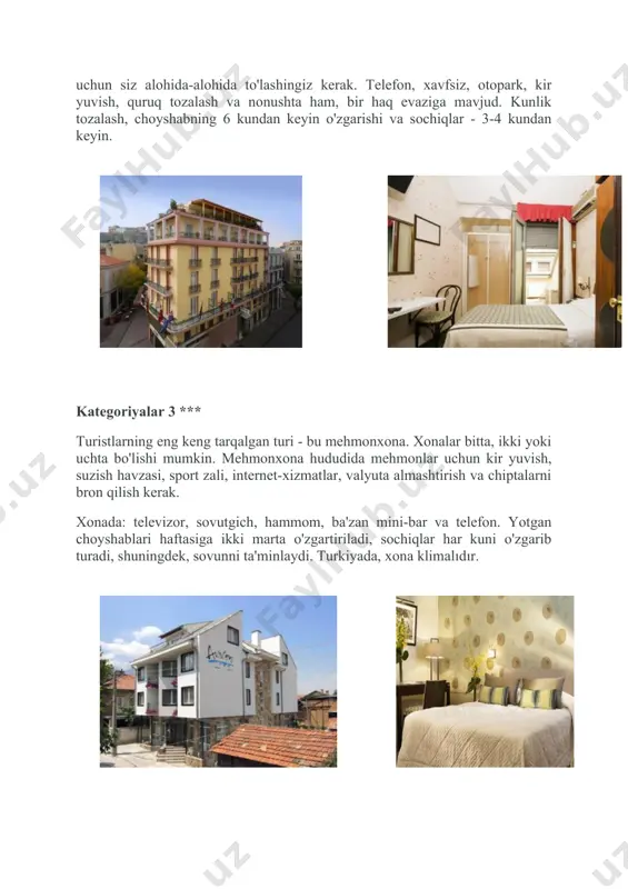 uyga vazifa:xarbir o’quvchi yashash hududiga yaqin bo’lgan joydagi mexmonxona haqida malumot olib kelish . foydalanilgan adabiyotlar: 1. a. s. uralov t. f. kushmanov “binolar tipologiyasi” o’quv qo’llanma. 2. n.j. to‘ychiyev “bino va inshootlar konstruksiyasi”darslik. 3. “bino va inshootlar tipologiyasi” fanidan ma’ruzalar matni. 4. и.а.синянский н.и.манешина “типология зданий” учебник. internet saytlar: ziyonet.uz arxitektura.uz arxiv.uz binolar.uz -ilova o`quv mashg`ulotida o`quv ishlarni baholash mezoni va ko`rsatkichlari savollarga javob beradi va misol keltiradi 5 savollarga javob beradi misollar keltirmaydi 4 savollarga qisman javob beradi 3 umuman ishtirok etmaydi 2 jami 5 1 2 3 -ilova tezkor-so`rov savollari 1.mehmonxona – bu...? 2.kategorya 2**-bu? 3. kategorya 3***-bu? 4. kategorya4** **-bu? 5. kategorya 5*****-bu?