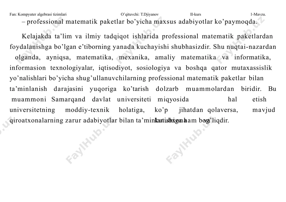 l qilinib, muloqot interaktiv rejimda amalga oshiriladi; c++, fortran muhitlarida yaratilgan dasturlarga bevosita murojaat qilish mumkin; exel 2000 muhitida turib maple ning grafikaga doir paketlariga murojaat qilish mumkin (exel muhitida grafik chizish uchun funksiyaning qiymatlar jadvalini tuzish kerak); ishchi varaqlarni rtf word, latex, html formatlariga o’tkazib saqlash mumkin; maple muhitida «obyektlar» hosil qilish mumkin; maple dasturidagi xatoliklarni bartaraf qilish uchun java imkoniyatlaridan foydalanish mumkin; maple vositasida yaratilgan dasturlardan elektron jadvallarga murojaat qilish mumkin. ii-kurs o’qituvchi: t.djiyanov interfeys oynasining tarkibi fan: kompyuter algebrasi tizimlari ixtiyoriy dasturiy tizimdan foydalanish uchun 1-mavzu. uning foydalanuvchilar bilan muloqot muhiti (interfeys)ni yaxshi bilish kerak. maple tizimining windows operasion muhitida joriy qilingan interfeysi haqida to’xtalaylik. tizim ishga tushurilgandan keyin 4.1–shaklda ko’rsatilgan inter-feys oynasi paydo bo’ladi. oyna olti qismdan tashkil topgan: sarlavha; asosiy menyular satri; asosiy instrument(vosita)lar paneli; kontekstli instrumentlar paneli; ishchi varaqning maydoni; holatlar satri. sarlavhada maple tizimining belgisi va joriy ishchi varaq faylining nomi ko’rsatiladi. fan: …