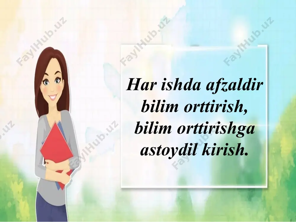 alining natijasini qo‘shish amali yordamida tekshiramiz. 11-6= ? 6 +__=11 11-6 = 5 modellar yordamida ayiramiz (integratsiya) nima uchun 7 soni 1 va 6 sonlariga ajratilgan? (11 soni 1 ta o‘nlik va 1 ta birlikdan iborat bo‘lib, dastlab, 11 sonidan 1 sonini ayirish uchun 7 soni 1 va 6 sonlariga ajratiladi...) 11-7= 11-8= 11-9= hisoblaymiz: 17 sonidan 6 sonini ayirish uchun 17 sonini 10 va 7 sonlariga ajratib olamiz. dastlab 7 sonidan 6 sonini ayirsak, 1 soni hosil bo‘ladi: 7 − 6 = 1. 10 soniga 1 sonini qo‘shamiz: 10 + 1 = 11. demak, 17 − 6 = 11. amaliy ish (integratsiya) rasmdagi narsalarni yasaymiz. ularni buklash yordamida simmetriya o‘qi to‘g‘riligini tekshiramiz. har bir shaklning nomini aytamiz va sonini sanaymiz. matematik diktant tez o‘yla, tez yoz! 13 va 6 sonlarining ayirmasini topamiz. 13 – 6 = 13 – 3 – 3 = 11 va 7 sonlarining ayirmasini topamiz. 11 …