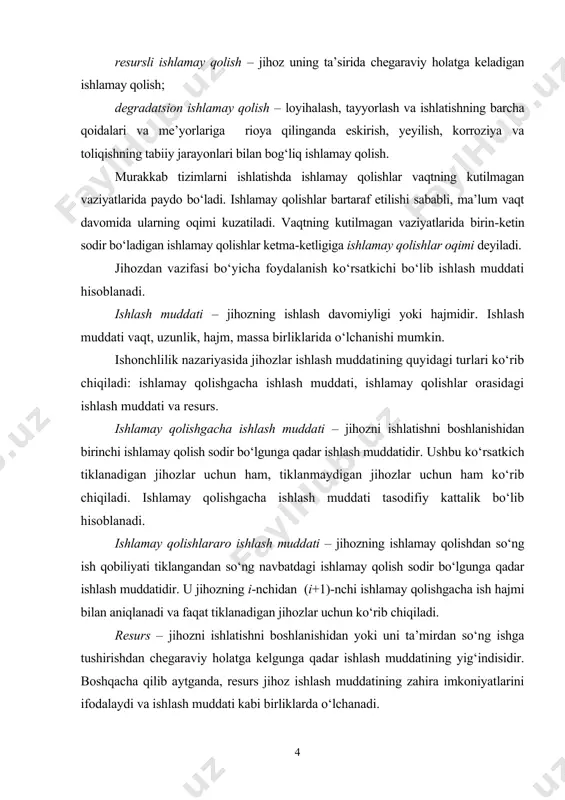 vaqt, uzunlik, hajm, massa birliklarida o‘lchanishi mumkin. ishonchlilik nazariyasida jihozlar ishlash muddatining quyidagi turlari ko‘rib chiqiladi: ishlamay qolishgacha ishlash muddati, ishlamay qolishlar orasidagi ishlash muddati va resurs. ishlamay qolishgacha ishlash muddati – jihozni ishlatishni boshlanishidan birinchi ishlamay qolish sodir bo‘lgunga qadar ishlash muddatidir. ushbu ko‘rsatkich tiklanadigan jihozlar uchun ham, tiklanmaydigan jihozlar uchun ham ko‘rib chiqiladi. ishlamay qolishgacha ishlash muddati tasodifiy kattalik bo‘lib hisoblanadi. ishlamay qolishlararo ishlash muddati – jihozning ishlamay qolishdan so‘ng ish qobiliyati tiklangandan so‘ng navbatdagi ishlamay qolish sodir bo‘lgunga qadar ishlash muddatidir. u jihozning i-nchidan (i+1)-nchi ishlamay qolishgacha ish hajmi bilan aniqlanadi va faqat tiklanadigan jihozlar uchun ko‘rib chiqiladi. resurs – jihozni ishlatishni boshlanishidan yoki uni ta’mirdan so‘ng ishga tushirishdan chegaraviy holatga kelgunga qadar ishlash muddatining yig‘indisidir. boshqacha qilib aytganda, resurs jihoz ishlash muddatining zahira imkoniyatlarini ifodalaydi va ishlash muddati kabi birliklarda o‘lchanadi. resursning quyidagi turlari mavjud: ta’mirgacha resurs, ta’mirlararo resurs, ta’mirdan so‘nggi resurs, to‘liq resurs va belgilangan …