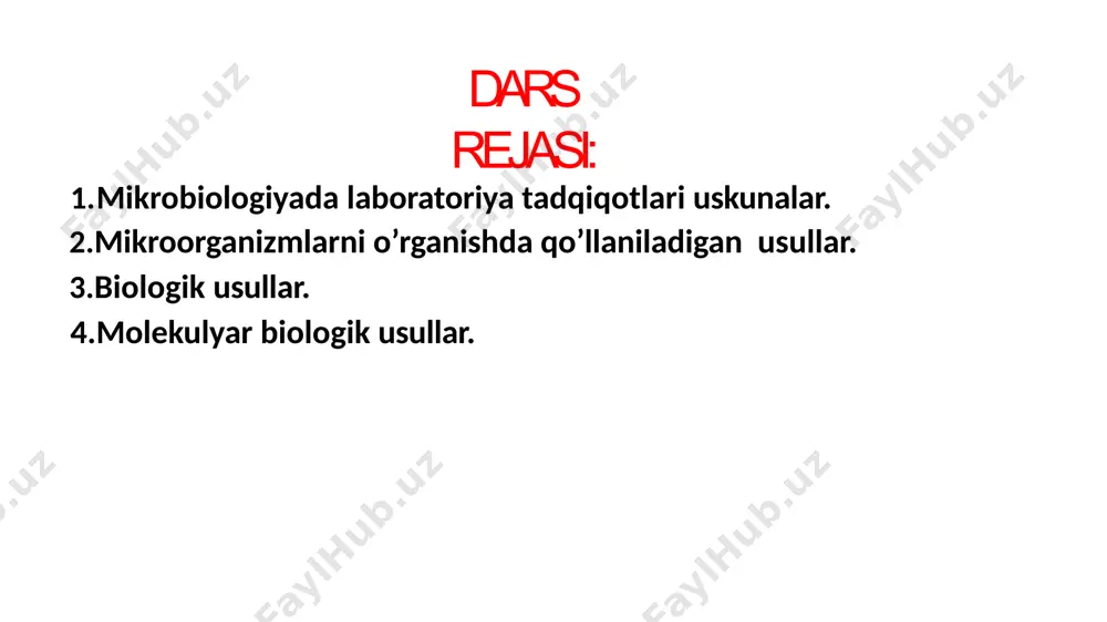 rdamida ajratish hisoblanadi. shunday ekan, mikrobiologiyada ozuqa muhitlarining ahamiayati muhim hisoblanadi. shuning uchun quyida ozuqa mihitlariga to’xtalib o’tamiz. ozuqa muhit turlari: universal differensial-diagnostik selektiv maxsus suyuq yarim suyiq oddiy (universal, asosiy) ozuqa muhitlari: go’shtli-pepton bulyoni (gpb)-suyuq ozuqa go’shtli-pepton agari (gpa) –qattiq ozuqa ko’pgina bakteriyalar o’sishini ta’minlaydi murakkab ozuqa muhitlarini tayyorlashda asos bo’lib xizmat qiladi. differensial-diagnostik ozuqalar: selektiv ozuqalar: pepton buloni – ammonifikatorlar uchun vinogradskiy muhiti - nitrifikatorlar uchun giltay muhiti - denitrifikatorlar eshbi muhiti - erkin yashovchi azotfiksatorlar uchun rushman muhiti - moy kistlotali bakteriyalar uchun kletchatkani aerob parchalovchilar uchun - getchinson va kleyton muhiti antibiotikka sezgirligini aniqlash: mikroorganizmlarni identifikasiya qilish: koloniya morfologiyasiga asoslangan biokimyoviy identifikasiya molekulyar-genetik identifikatsiya morfologik identifikatsiya biokimyoviy identifikasiya molekulyar-genetik identifikatsiya: molekulyar-genetik identifikatsiya: e’tiboringiz uchun rahmat! image1.jpg image2.jpg image3.jpg image4.jpg image5.jpg image6.jpg image7.jpg image8.jpg image9.jpg image10.jpg image11.jpg image12.jpg image13.jpg image14.jpg image15.jpg image16.jpg image17.jpg image18.jpg image19.png image20.jpg image21.jpg image22.jpg image23.jpg image24.jpg image25.png image26.jpg image27.jpg image28.jpg image29.jpg image30.jpg image31.jpg …