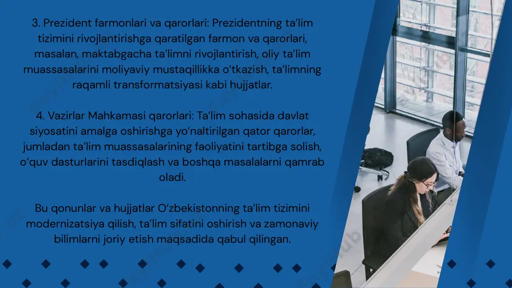 aktabgacha ta’limdan boshlab, oliy ta’lim va uzluksiz kasbiy rivojlanishga qadar izchil ta’lim jarayonini anglatadi. 2. teng huquqlilik va adolat: barcha fuqarolar, ularning jinsi, irqi, millati, tili, dini, ijtimoiy kelib chiqishi va boshqa holatlardan qat’i nazar, ta’lim olish huquqiga ega. davlat barcha fuqarolar uchun teng ta’lim olish imkoniyatlarini yaratishi lozim. 3. davlat ta’lim standartlariga muvofiqlik: ta’lim jarayoni davlat tomonidan belgilangan standartlar va me’yorlarga muvofiq tashkil etilishi lozim. bu ta’lim sifatini kafolatlash va ta’lim natijalarining xalqaro talablarga mosligini ta’minlashga xizmat qiladi. 4. milliy va umuminsoniy qadriyatlar uyg‘unligi: ta’lim jarayonida milliy qadriyatlar, madaniyat va an’analarga hurmat bilan yondashish bilan bir qatorda, umuminsoniy qadriyatlar va ilm-fan yutuqlarini ham hisobga olish kerak. 5. fan, texnologiya va innovatsiyalarni rivojlantirish: ta’lim tizimiga zamonaviy texnologiyalar, innovatsiyalar va ilmiy-tadqiqot natijalarini keng joriy qilish davlat siyosatining muhim qismidir. 6. ta’limning insonparvarlik va demokratik yo‘nalishi: ta’lim inson shaxsini har tomonlama rivojlantirish, uning qobiliyat va qiziqishlarini ro‘yobga chiqarishga yo‘naltirilgan bo‘lishi lozim. shuningdek, …