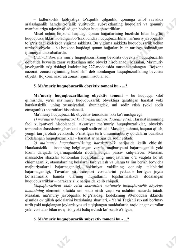 ʻrsatib oʻtilgan. 2) maʼmuriy huquqbuzarlikning turdosh obyekti – mazmuni va oʻzaro yaqin xususiyatlariga qarab yagona tizimga keltirilgan obyektlardir. masalan, maʼmuriy javobgarlik toʻgʻrisidagi kodeksning maxsus qismida maʼmuriy huquqbuzarliklar quyidagi guruhlarga birlashtirilgan: – fuqarolarning huquq va erkinliklariga tajovuz qiladigan huquqbuzarliklar; – saylov va referendumni tashkil etish hamda oʻtkazish sohasidagi huquqbuzarliklar; – aholi sogʻligʻini saqlash sohasidagi huquqbuzarliklar; – mulkka tajovuz qiluvchi huquqbuzarliklar; –ekologiya, atrof-muhitni muhofaza qilish va tabiatdan foydalanish sohasidagi huquqbuzarliklar; – sanoatdagi, qurilishdagi va issiqlik hamda elektr energiyasidan foydalanish sohasidagi huquqbuzarliklar; – qishloq xoʻjaligidagi huquqbuzarlik, veterinariya-sanitariya qoidalari va normalarini buzish; – transportdagi, yoʻl xoʻjaligi va aloqa sohalaridagi huquqbuzarliklar; – fuqarolarning turar joy huquqlariga taalluqli, kommunal xizmat va obodonlashtirish sohasidagi huquqbuzarliklar; – savdo, tadbirkorlik va moliya sohalaridagi huquqbuzarliklar; – odil sudlovga tajovuz qiluvchi huquqbuzarliklar; – jamoat tartibiga tajovuz qiluvchi huquqbuzarliklar; – boshqaruvning belgilangan tartibiga tajovuz qiluvchi huquqbuzarliklar; – tadbirkorlik faoliyatiga toʻsqinlik qilganlik, qonunga xilof ravishda aralashganlik hamda xoʻjalik yurituvchi subyektlarning huquqlari va qonuniy …