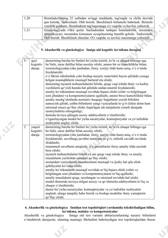 oldini olishda skrining dastur. standart/universal chora-tadbirlari. taktika. 1.9 homiladorlik, tugruk va chilla davrida yuqori harorat. siydik trakti infektsiyalari (tsistit, o'tkir pielonefrit). chilla davri septik kasalliklari. tashxislash. olib borish. 1.10 reproduktiv salomatlik. maslahatlash asoslari. reproduktiv salomatligini saqlash choralari. oilani rejalashtirishda jahon sog'liqni saqlash tashkiloti tamoyillari. zamonaviy kontratsepsiya usullari. 1.11 gormonal kontratsepsiya. aralash va sof progestinli kontratsepsiya. gormonal kontratsepsiyaning ta'sir mexanizmi, samaradorligi, tarqalganligi, ko'rsatma, aralash oral kontratseptivlar va sof progestinli kontratseptivlarni qo'llashdagi ehtiyotkorlik, nojuya ta'sirlarining oldini olish. 1.12 bachadon ichi vositasi. bachadon ichi vositasini kiritish va olib tashlash. 1.13 jinsiy yo'llar orqali yuquvchi infektsiyalar belgilari. to'siq usuli va spermisidlarning ta'sir mexanizmi, turi, afzalliklari va kamchiliklari. to'siq usulini qo'llash texnikasi. 1.14 ixtiyoriy jarrohlik sterilizasiya. tabiiy usullari. laktasion amenoreya usuli. ko'rsatma. qarshi ko'rsatma. afzalliklari va kamchiliklari, havfli holatlar. aholining turli guruhlarida kontratsepsiya usullari: abort, tug'ruqdan keyingi, ko'krak bilan emizuvchilarda va emizmaydiganlarda, o'smirlarda, 35 yoshdan oshganlarda. 1.15 homiladorlikninng erta muddatlarida (22 xaftasigacha) qindan qon ketishi. …