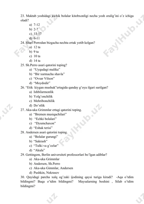 lamachilikdan, yolg’onchilikdan qaytaradi? a) “bulbul” b) “irkit o’rdakcha” c) “dyumchaxon” d) “bolalar gurungi” 44. “xamsa” yozish an’anasini kim boshlab bergan? a) nizomiy ganjaviy b) dehlaviy c) jomiy d) navoiy 45. kimning “xamsa”si “panj ganj” deb nomlangan? a) nizomiy ganjaviyning b) navoiyning c) dehlaviyning d) jomiyning 46. z.diyorning birinchi she’riy to’plami qanday nomlanadi? 1. ”qo’shiqlar” 1. “kuylarim’ 1. “nay sadolari” 1. “do’stlarim sizga” 47.“lisonut tayr”asarida qushlarga yo’lboshchilik qilgan qush... a) hudhud b) burgut c) durroj d) uqob 48.”bakovul” deya ta’riflanadigan jonivor qaysi? a) bo’ri b) tulki c) chumchuq d) qarg’a 49.uzoq yillar bosmaxonalarda faoliyat yuritgan ijodkor kim? a) habib rahmat b) yo’ldosh sulaymon c) adham rahmat d) tursunboy adashboyev 50.”rahima-chi,vahimachi” , “mening yoshim oltida” to’plamlari muallifi kim? a) yo’ldosh sulaymon b) shukur sa’dulla c) ergash raimov d) anvar obidjon 51 .qaysi shoirning ilk she’ri “shkafcham” nomi bilan “g’uncha” jurnalida bosilib chiqqan? a) anvar obidjon b) tursunboy adashboyev c) adham rahmat d) …