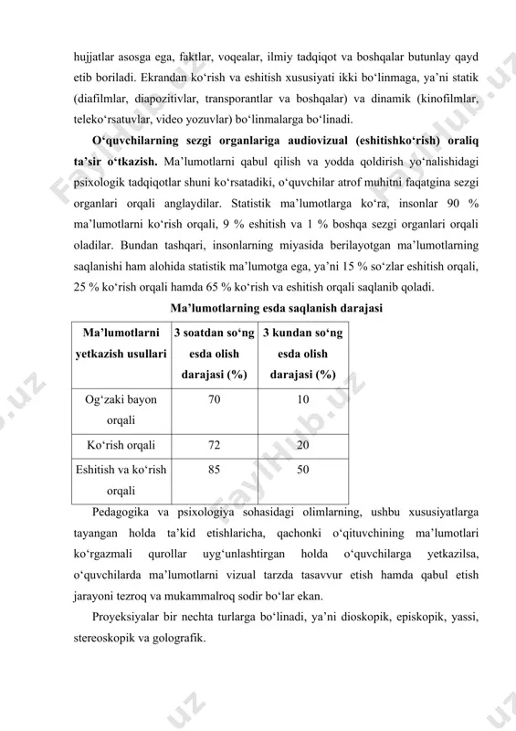arzda tasavvur etish hamda qabul etish jarayoni tezroq va mukammalroq sodir bo‘lar ekan. proyeksiyalar bir nechta turlarga bo‘linadi, ya’ni dioskopik, episkopik, yassi, stereoskopik va golografik. yassi proyeksiya ma’lum obyekt ko‘rinishini ikki barobar kuchliroq tasvirlab beradi. stereoskopik (yunoncha stereos – hajmli, keng) proyeksiya ko‘rilayotgan sur’atlardagi obyektlarning illuziyalashganini, hajmli va keng ko‘rinishini ta’minlab beradi. golografik (yunoncha xolos – butunlay, to‘la va grapo – yozaman) proyeksiya obyektning to‘la ko‘rinishini ta’minlab beradi. ekrandagi harakatsiz (statik) ko‘rinishni proyeksiyaning ikki turlari, ya’ni dioproyeksiya va epiproyeksiya orqali ko‘rishimiz mumkin. dioproyeksiya – (bu so‘z yunonchadan olingan bo‘lib, «orasidan» ma’nosini anglatadi) ushbu tasvir tiniq bo‘lgan ko‘gazmali materiallar orasidan o‘tadigan yorug‘lik oqimlari tufayli shakllanadi. epiproyeksiya – (bu so‘z yunonchadan olingan bo‘lib, «yuqori», «ustida» ma’nosini anglatadi) ushbu tasvir tiniq bo‘lmagan obyektlar yoritilishidan qaytarilgan nurlar orqali shakllanadi. statik ekran orqali o‘qitish vositalari ichida eng ko‘p qo‘llaniladiganlari – bu bugungi kunda ba’zi darsliklarda videogramma deb ataladigan vositalardir. statik proyeksiyalar sifatida ekranda tiniq va …