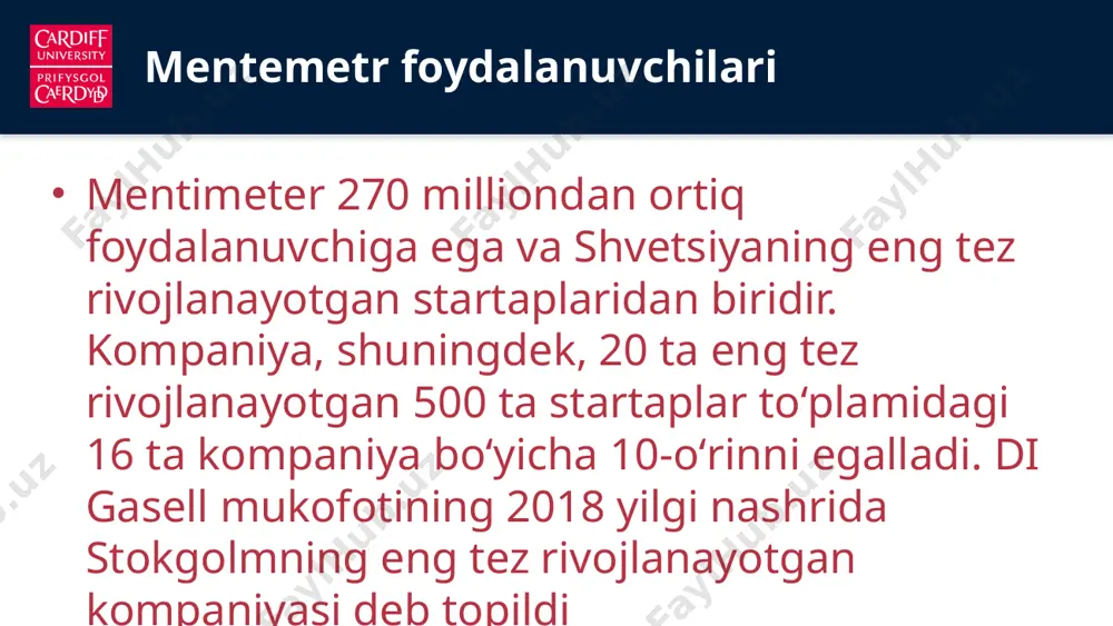ding demonstration birinchi faoliyatingizni yaratishga harakat qilingbarcha xodimlar/talabalar mentimeter-ga http://polls.cardiff.ac.uk manzilida kardiff universitetining hisobga olish ma'lumotlari yordamida kirishlari mumkin. shaxsiy asboblar paneli barcha so'rovlar bilan shaxsiy joyingiz bo'lib, turli funktsiyalarga kirish eshigi hisoblanadimentimeter qanday boshlash kerakligi haqida keng qamrovli yordam materiallarini taqdim etadi. siz ularni chap paneldagi asboblar panelida topishingiz mumkin (“yordam”)ko'proq ilhomni "ilhom" bo'limida topishingiz mumkin va siz ro'yxatingizdagi istalgan taqdimotni osongina takrorlashingiz va uni o'zingizning maqsadlaringiz uchun o'zgartirishingiz mumkin. activity/polls settings and control features faoliyatlar to'plamini yaratganingizdan so'ng, siz o'zingizning harakatlaringiz uchun bir nechta sozlamalarni sozlashingiz mumkin (yuqori paneldagi "configure" tugmasini bosing)tezlik - auditoriya (masofaviy so'rov), taqdimotchi (sinf so'rovida)soʻrov natijalarini almashish (agar ishtirok etgandan keyin natijalarni yubormaslikni afzal koʻrsangiz – shaxsiyni tanlang), takroriy soʻrov, til (faoliyatlarda matn uchun uels tilidan foydalanish mumkin, tizim tez orada tarjima qilinadi)shaxsiy slaydda (slayd ustiga sichqonchani olib keling) - taqdimotlar ichida/bo'ylab takroriy faoliyat, o'chirishulashish va eksport qilish – keyingi slaydlarga qarangsavol-javob – faqat …