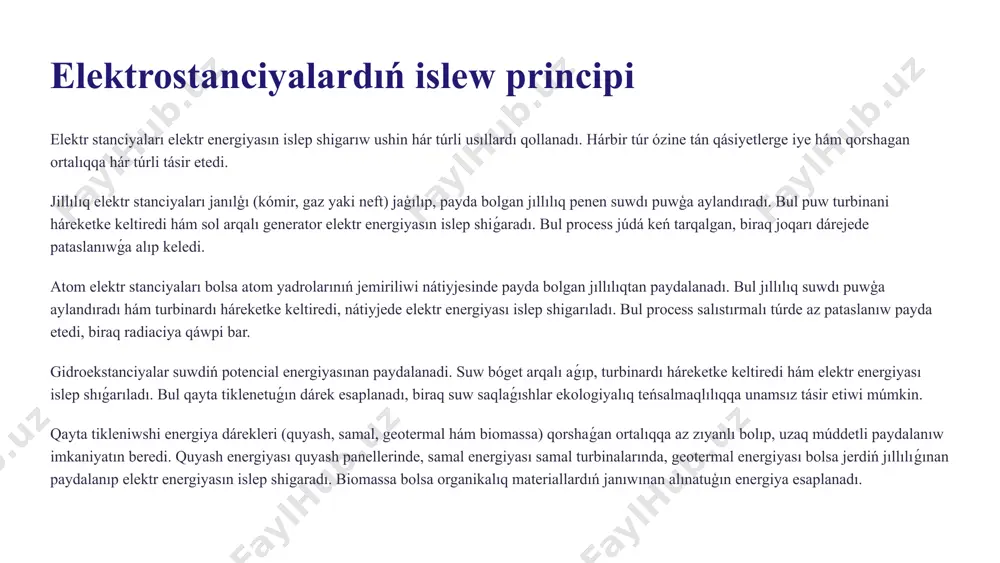 ul bolsa ıssıxana effekti hám global klimat ózgeriwine tiykarǵı úles qosadı. co2 gaziniń kóbeyiwi jerdiń ortasha temperaturasın arttıradı, bul bolsa muzlıqlardıń eriwine, teńiz betiniń kóteriliwine hám hawa-rayı hádiyseleriniń kóbeyiwine alıp keledi. shıǵındılar jıllılıq elektr stanciyalarınıń jumısı kúl, shlak hám basqa da ziyanlı shıǵındılardı payda etedi. bul shıǵındılar arnawlı orınlarda saqlanıwı kerek, bul bolsa úlken jer maydanların ieleydi hám qorshaǵan ortalıqqa qosımsha qáwip tuwdıradı. shıǵındılardı durıs saqlaw hám olardı qayta islewdiń joqarı qárejeti de bar. 6 jıllılıq elektr stanciyalarınıń qorshagan ortalıqqa unamsız tásiri jıllılıq elektr stanciyaları (jes) tek ǵana atmosfera pataslanıwınıń tiykarǵı dáreklerinen biri emes, al suw hám topıraq pataslanıwına da sebep boladı. íeslerden shıǵatuǵın gazler, sonıń ishinde, karbonat angidrid (co2), azot oksidleri (nox), kúkirt dioksidi (so2), shań hám uglerod monooksidi (co) sıyaqlı zıyanlı elementler global ıssılıqtı tezlestiredi, kislotalı jawınlardı keltirip shıǵaradı hám insan salamatlıǵına unamsız tásir kórsetedi. co2 global ısıwdıń tiykarǵı faktorlarınan biri bolıp, jerdiń ortasha temperaturasın kóteredi, bul bolsa …
