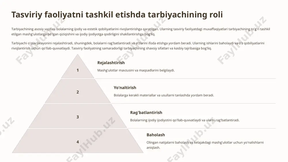 hlatilishini, mashg'ulotning qancha vaqt davom etishini aniqlash lozim. mashg'ulotlarni rejalashtirishda o'quv jarayonida o'quvchilarning faol ishtirokini ta'minlashga e'tibor qaratish muhim. 9 tarbiyachining tasviriy faoliyat mashg'ulotlarini takomillashtirish yo'llari 1 1. doimiy o'qish va o'zini rivojlantirish tarbiyachilar zamonaviy pedagogika va san'at tendentsiyalari bilan tanishish uchun doimiy ravishda o'qishlari va o'zini rivojlantirishga e'tibor berishlari kerak. 2 2. yangi texnologiyalarni qo'llash zamonaviy texnologiyalarni qo'llash orqali tasviriy faoliyat mashg'ulotlarini yanada qiziqarli va samarali qilish mumkin. 3 3. hamkorlik va tajriba almashish tarbiyachilar o'zaro hamkorlik qilib, tajriba almashish va bir-birlaridan o'rganish orqali o'z mahoratlarini oshirishlari mumkin. 4 4. o'quvchilarning individual ehtiyojlarini hisobga olish har bir o'quvchining individual ehtiyojlarini hisobga olib, turli xil usullar va texnikalarni qo'llash orqali tasviriy faoliyat mashg'ulotlarini takomillashtirish mumkin. 10 tarbiyachining professional rivojlanishida tasviriy faoliyatning roli yangiliklarga ochiqlik tasviriy faoliyat tarbiyachiga ijodiy yondashuvni rivojlantirishga yordam beradi. yangi g'oyalarni yaratish va ularni amalga oshirish qobiliyati tarbiyachining professional rivojlanishiga ijobiy ta'sir ko'rsatadi. kommunikatsiya ko'nikmalari bolalar bilan …