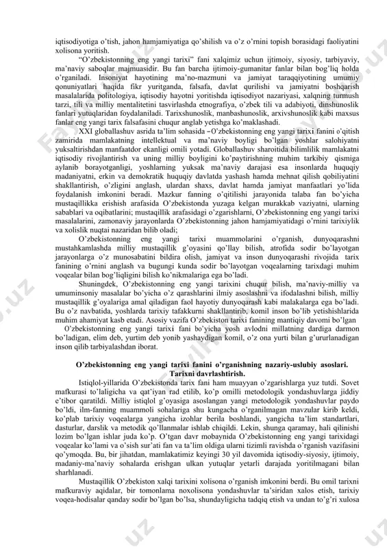 xining turli xalqlar, tamaddunlar tutashgan eng qaynoq chorrahalaridan biri sifatida butun insoniyat tarixining shakllanishiga ma’lum darajada ta’sir etib bordi. shu bilan birga, ajdodlarimiz hayotida boshqa xalqlar sivilizatsiyasining ham ta’siri bо’ldi. xalqimizning davlatchilik tajribasi ham boy va qadimiy. о’zbekiston hududida dastlabki mustaqil davlat tuzilmalari bundan salkam 3000 yil muqaddam (mil.avv. 1 ming-yillik boshlarida) paydo bо’lib, о’tgan ming-yilliklar davomida takomillashib, dunyo davlatchiligi rivojiga munosib hissa qо’shib keldi. bugungi mustaqil о’zbekiston davlati xalqimizning ming-yillik davlatchiligining tarixiy vorisi – davomchisidir. о’zbekistonnning eng yangi tarixi fani ushu mustaqil о’zbekiston davlatining zarvorli tarixini о’rganuvchi fandir. mamlakatimizning 1991-yildan keyingi mustaqillik davri xalqimiz qadimiy tarixining uzviy va tadrijiy qismi hisoblanadi. chunki aynan shu tarixiy sanadan о’zbek xalqining davlatchilik tarixi yangi bir bosqichga kirdi. о’zbekistonning eng yangi tarixi deb ataladigan mazkur davr vatanimiz tarixiga tub ijtimoiy-siyosiy va ma’naviy-madaniy о’zgarishlar, asriy orzularimizning rо’yobi, buyuk kelajak va farovonlik jamiyatini qurish davri bо’lib kirdi. hayotimiz va tafakkurimizda rо’y berayotgan о’zgarishlarni tahlil qilish, …