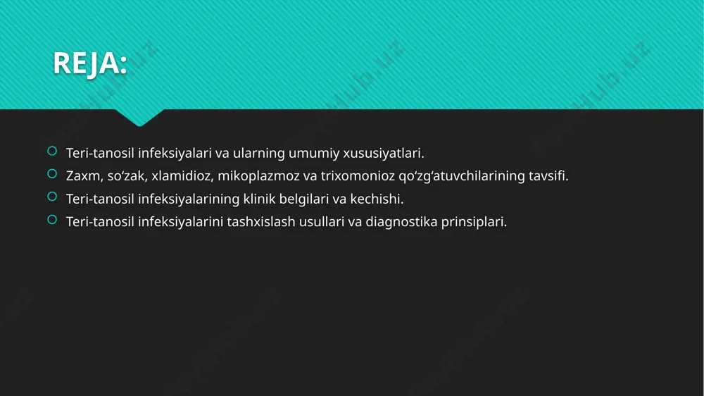 qi belgilarsiz o‘tishi mumkinligi sababli ko‘plab hollarda kech aniqlanadi. bu infeksiyalar odatda jinsiy a'zolarda, og‘iz bo‘shlig‘ida yoki anal sohada shikastlanishlarga olib keladi. tashqi alomatlar paydo bo‘lishi bilan birga, umumiy holsizlik, isitma va limfa tugunlarining kattalashuvi ham kuzatiladi. ba'zi infeksiyalar, masalan, zaxm va xlamidioz, uzoq muddat davolanmasa, ichki a'zolar, suyaklar va asab tizimiga zarar yetkazishi mumkin. shu sababli teri-tanosil infeksiyalarining erta tashhisi va davosi sog‘liqni saqlashning muhim yo‘nalishlaridan biri hisoblanadi. zaxm, so‘zak, xlamidioz, mikoplazmoz va trixomonioz qo‘zg‘atuvchilarining tavsifi. zaxm kasalligi treponema pallidum bakteriyasi tomonidan qo‘zg‘atiladi, u organizmga shilliq qavatlar orqali kiradi va butun tana bo‘ylab tarqaladi. so‘zak kasalligi esa neisseria gonorrhoeae bakteriyasi bilan yuzaga keladi, bu bakteriya jinsiy a'zolar, siydik chiqarish yo‘llari va ko‘z shilliq qavatini zararlaydi. xlamidioz infeksiyasining qo‘zg‘atuvchisi chlamydia trachomatis bo‘lib, u ko‘pincha yashirin tarzda rivojlanadi va reproduktiv tizimga zarar yetkazadi. mikoplazmoz mycoplasma hominis va mycoplasma genitalium mikroorganizmlari bilan chaqiriladi. zaxm kasalligi dastlab birlamchi qattiq yara (qattiq shankr) bilan …