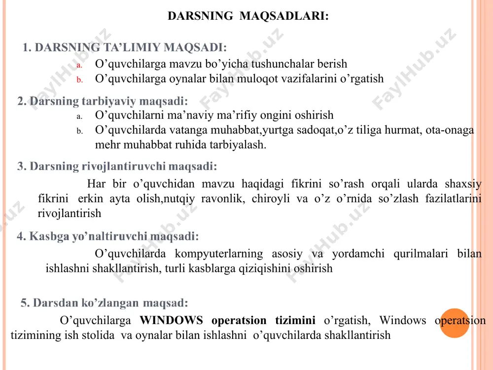 os rasmchalardan foydalaniladi. ularni ko’pchilik hollarda ikonalar (timsollar) deb ham atashadi. ular programmani xotiraga tez chaqirish imkoniyatini beradi. ularning nomlari piktogramma, yorliq, timsollar deb atash mumkin. 4. ish stolida quyidagi elementlar joylashgan bo’ladi: yorliqlar: tizim papkalari; (moy kompyuter, setevoe okrujenie, internet explorer, korzina, portfel): oddiy papkalar: masalalar paneli. 5. tizim papkalariga quyidagi papkalar kiradi: tizim papkalari; (moy kompyuter, setevoe okrujenie, internet explorer, korzina, portfel) moy kompyuter: kompyuterda joylashgan disklar, papkalar va ular ichidagi fayllarni ko’rish va ular bilan ishlash imkoniyatini yaratadi. setevoie okrujenie: foydalanuvchining kompyuteriga tarmoqga ulangan kompyuterlardagi fayl, papka va disklar bilan ishlash imkoniyatini yaratadi. internet explorer: internetdagi web sahifalarini ko’rib chiqish programmasi. korzina: foydalanuvchi tomonidan yaqinda uchirilgan fayl va papkalar ro’yxati joylashadi. kerak bo’lganda ularni tiklash ham mumkin portfel: internet tizimida foydalanish uchun tanlangan hujjatlar saqlanadi. 2. oddiy papkalar – foydalanuvchi tomonidan yaratilgan papkalar. 6. moy kompyuter tizim papkasida quyidagi elementlar joylashadi: yumshoq disketalar belgisi: bu yordamida yumshoq …