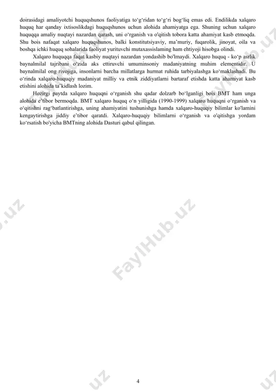 iyatini tushunishga hamda xalqaro-huquqiy bilimlar ko'lamini kengaytirishga jiddiy e’tibor qaratdi. xalqaro-huquqiy bilimlarni o‘rganish va o'qitishga yordam ko‘rsatish bo'yicha bmtning alohida dasturi qabul qilingan. 1mavzu. xalqaro huquqning predmeti, metodi va tizimi 1§. «xalqaro huquq» tushunchasi 2§. «xalqaro huquq» atamasining ma’nosi 3§. xalqaro huquqning obyekti va predmeti 4§. zamonaviy xalqaro huquq, uning amal qilish doirasi va asosiy maqsadlari 5§. xalqaro huquqning funksiyalari 6§. xalqaro huquqning ahamiyati 7§.xalqaro huquqning paydo bo‘lishi va taraqqiyotining asosiy bos- qichlari 8§. «xalqaro huquq tizimi» tushunchasi 9§. xalqaro «yumshoq» huquq 10§. xalqaro ommaviy huquq va xalqaro xususiy huquq 12§. o‘zbekiston respublikasi va xalqaro huquq 1§. «xalqaro huquq» tushunchasi xalqaro huquq — davlatlar, xalqlar, xalqaro tashkilotlar, turli jamoat birlashmalari, alohida fuqarolar (xalqaro huquq tilida ular individlar yoki jismoniy shaxslar deb ataladi), turli davlatlarning yuridik shaxslari ishtirok etadigan xalqaro munosabatlarni tartibga solib turuvchi huquq tizimi. xalqaro munosabatlarda na qonun chiqaruvchi alohida oliy organ va na boshqaruvchi yagona davlat hokimiyati mavjud …