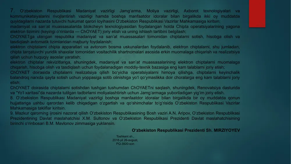 metsenatlik faoliyati va madaniy homiylik to‘g‘risida”gi o‘zbekiston respublikasi qonuni loyihasini ishlab chiqsin va kiritsin. qonun loyihasida boshqalar qatorida quyidagilar nazarda tutilsin: madaniyat va san’at muassasalariga, shu jumladan, jismoniy shaxslarga yordam ko‘rsatuvchi metsenatlar va homiylarga soliq imtiyozlari (chegirmalar) taqdim etish uchun huquqiy asoslar yaratish; soliq imtiyozlari (chegirmalar) olish huquqini saqlab qolgan holda madaniyat va san’at muassasalarini qo‘llab-quvvatlash shakllarini va uslublarini kengaytirish (muayyan ishlarni bajarish, xizmatlar ko‘rsatish, mol-mulk huquqini berish va hokazo); 7. o‘zbekiston respublikasi madaniyat vazirligi jamg‘arma, moliya vazirligi, axborot texnologiyalari va kommunikatsiyalarini rivojlantirish vazirligi hamda boshqa manfaatdor idoralar bilan birgalikda ikki oy muddatda quyidagilarni nazarda tutuvchi hukumat qarori loyihasini o‘zbekiston respublikasi vazirlar mahkamasiga kiritsin: madaniyat va san’at muassasalarida blokcheyn texnologiyasidan foydalangan holda chipta operatsiyalarining yagona elektron tizimini (keyingi o‘rinlarda — choyaet) joriy etish va uning ishlash tartibini belgilash; choyaetga ulangan respublika madaniyat va san’at muassasalari tomonidan chiptalarni sotish, hisobga olish va tasdiqlash avtomatik tizimlaridan majburiy foydalanish; elektron chiptalarni chipta apparatlari …