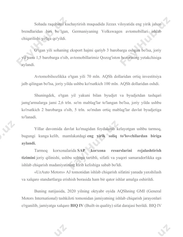 qori samaradorlikka ega ishlab chiqarish madaniyatining kirib kelishiga sabab bo'ldi. «uzauto motors» aj tomonidan ishlab chiqarish sifatini yanada yaxshilash va xalqaro standartlarga erishish borasida ham bir qator ishlar amalga oshirildi. buning natijasida, 2020 yilning oktyabr oyida aqshning gmi (general motors international) tashkiloti tomonidan jamiyatning ishlab chiqarish jarayonlari o'rganilib, jamiyatga xalqaro biq iv (built-in quality) sifat darajasi berildi. biq iv sifat darajasi o'zida brak mahsulot ishlab chiqarmaslik uchun 29 yo'nalishda ishlarni tashkil etish demakdir. jahon tajribasiga asosan har 1000 dona avtomobilda 28 donagacha nuqson chiqishi nazarda tutilgan bo'lib, jamiyatning ushbu ko'rsatkichi hozirda 15 donani tashkil etadi. so'nggi yillarda mamlakatda axborot olish erkinligi va kafolatlarining ta'minlanishiga davlatimiz tomonidan alohida e'tibor qaratilmoqda. biroq, hozirgi kunda ayrim oav, blogerlar va ijtimoiy tarmoq foydalanuvchilari tomonidan davlatimiz tomonidan yaratib berilayotgan bunday imkoniyatlarni suiiste'mol qilish holatlari ham kuzatilmoqda. oav va ijtimoiy tarmoqlarda “maxsus buyurtma” asosida turli bo'hton va asossiz xabarlarning tarqatib borilayotganligi, nafaqat milliy brendning nufuziga, balki …
