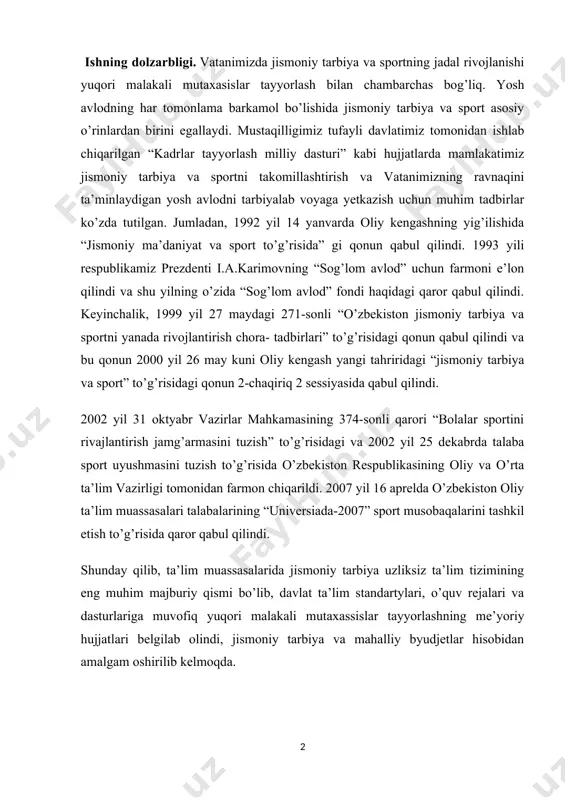 ” to’g’risidagi va 2002 yil 25 dekabrda talaba sport uyushmasini tuzish to’g’risida o’zbekiston respublikasining oliy va o’rta ta’lim vazirligi tomonidan farmon chiqarildi. 2007 yil 16 aprelda o’zbekiston oliy ta’lim muassasalari talabalarining “universiada-2007” sport musobaqalarini tashkil etish to’g’risida qaror qabul qilindi. shunday qilib, ta’lim muassasalarida jismoniy tarbiya uzliksiz ta’lim tizimining eng muhim majburiy qismi bo’lib, davlat ta’lim standartylari, o’quv rejalari va dasturlariga muvofiq yuqori malakali mutaxassislar tayyorlashning me’yoriy hujjatlari belgilab olindi, jismoniy tarbiya va mahalliy byudjetlar hisobidan amalgam oshirilib kelmoqda. buyuk rus olimi i.m.sechenov 1862 yilda “bosh miyaning reflekslari” nomli kitobidabirinchilarda bo’lib, “miya faoliyatining jamiki tashqi ko’rinishlari mushak harakatiga kelib taqaladi”, deb ko’rsatgan. harakat malakalari fiziologik nuqtai nazardan shakllanish mexanizmi bo’yicha murakkab shartli harakat reflekslaridir. bu leflekslarning hosil bo’lishi uchun turli analizatorlardan (harakat, vestibulyar, ko’rish va boshqalar ) keladigan ma’lumotlar va qanday harakat qilish zarurligi hamda harakatni bajarish xususiyatlari haqidagi axborot muhim ahamiyatga ega. bunday holatda markaziy asab tizimida harakat rteaksyasining …