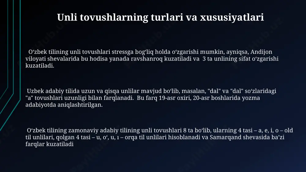 shlar kuzatilgan. toshkentdagi adabiy til me'yorlariga ko'ra, 5 ta asosiy unli tovushning birlashuvi natijasida 15 ga yaqin variant hosil bo'lishi mumkin. e'tiboringiz uchun rahmat @taqdimot_robot