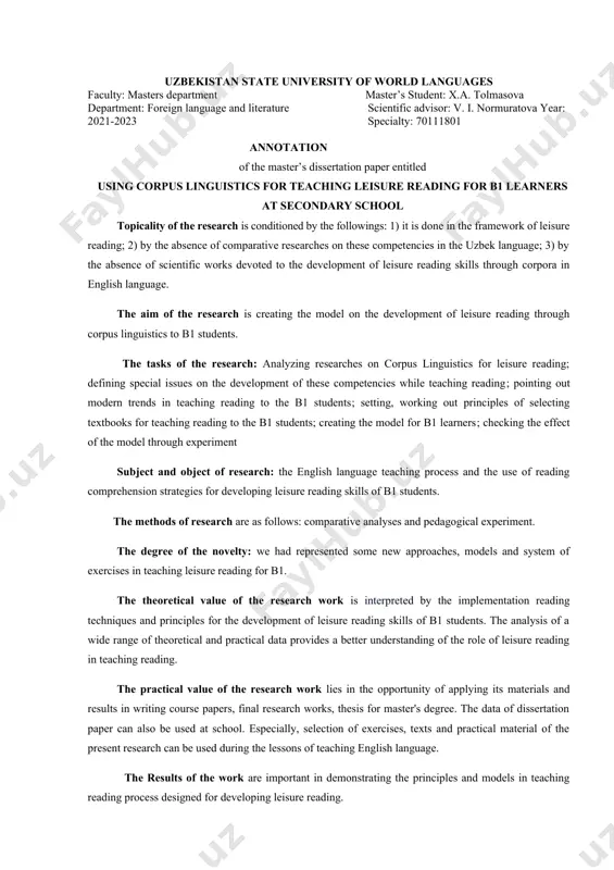 ies for developing leisure reading skills of b1 students. the methods of research are as follows: comparative analyses and pedagogical experiment. the degree of the novelty: we had represented some new approaches, models and system of exercises in teaching leisure reading for b1. the theoretical value of the research work is interpreted by the implementation reading techniques and principles for the development of leisure reading skills of b1 students. the analysis of a wide range of theoretical and practical data provides a better understanding of the role of leisure reading in teaching reading. the practical value of the research work lies in the opportunity of applying its materials and results in writing course papers, final research works, thesis for master's degree. the data of dissertation paper can also be used at school. especially, selection of exercises, texts and practical material of the present research can be used during the lessons …