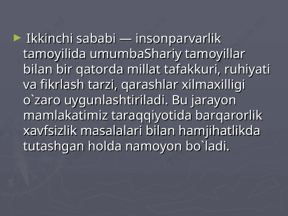 ada o`z ifodasini topadi. bu har bir millatning mustaqil subyekt sifatidagi maqomini ta`minlab turadi. o`ziga xos individuallik milliyma`naviy taraqqiyot go`zalligini ifodalaydi va ularning ilgor qirralari orqali umumbashariylikka daxldor bo`lgan ma`naviy boylik vujudga keladi. milliy g`oyaning asosiy tamoyillaridan yana biri millatning ozodligi, uning mustaqilligini ta`minlashda ma`naviy-ruhiy manba bo`lishidir. millatning mustaqil bo`lishi, uning o`z taqdirini o`zi hal etish imkoniyatiga ega bo`lishida milliy g`oya asosiy manba bo`ladi. chunki, u nafaqat millatga mustaqil subyekt maqomini baxsh etadi, shuning bilan birga, uning mustaqil taraqqiy qilishini zaruriyat va ehtiyojga aylanishini ham ta`minlaydi.