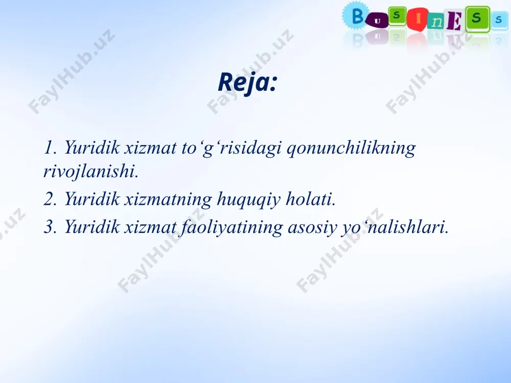 ik, davlat qo‘mitasi, idora va respublikaning boshqa boshqaruv organi yuridik bo‘linmasining boshlig‘i yoki yuriskonsult lavozimini egallash uchun kamida 5 yillik yuriskonsult ish stajiga ega bo‘lish zarur. nizomning 9-bandida korxonalar yuridik xizmati: iqtisod, moliya, hisob-kitob xizmatlari va boshqa bo‘linmalar bilan birgalikda korxonaning xo‘jalik faoliyati natijalarini iqtisodiy-huquqiy tahlil qiladi, samarasiz xarajatlarning tarkibini va ularning kelib chiqish sabablarini, balans hisobidagi debitorlik va kreditorlik qarzlari ahvolini o‘rganadi, sud va tergov organlariga jo‘natish uchun pul mablag‘lari va tovar-moddiy boyliklarning kamomadi va ularni o‘g‘rilashlar bo‘yicha materiallarni rasmiylashtiradi; korxona rahbariga imzolash uchun taqdim qilinayotgan buyruqlar va huquqiy mazmundagi boshqa hujjatlar loyihalarining qonunga muvofiqligini tekshiradi va ularga viza qo‘yadi. korxona huquqiy aktlarini, ularning amaldagi qonunga muvofiqligi to‘g‘risidagi yuridik xizmatning vizasi bo‘lmasa, chiqarilishiga yo‘l qo‘yilmaydi; nizomning 10-bandiga muvofiq yuridik xizmat quyidagi huquqlarga ega: a) davlat boshqaruv organi, korxona, tuzilma birliklari faoliyatida qonunchilikka rioya etilishining ahvoli bilan tanishish; taftish o‘tkazishlarda va qayta ro‘yxatga olishlarda qatnashish; b) mansabdor shaxslardan davlat boshqaruv …
