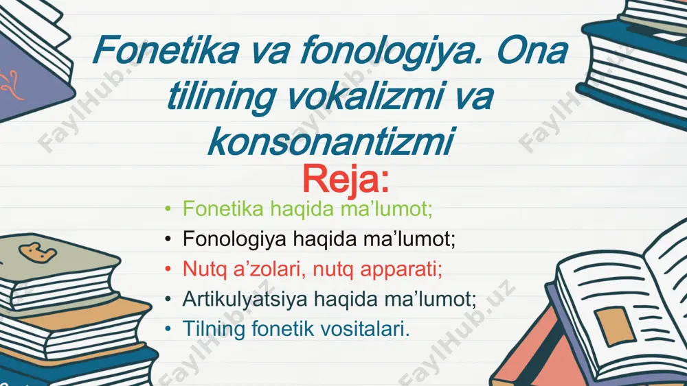 omoni nutq tovushlari fonologik (lingvistik) axborot almashinuvi soli & sholi so‘zlarning o‘zaro farqlanishi tovushlarning ma’noli birliklar tarkibida moddiy shakllantirish vazifaviy belgilar faqat inson tovushlariga xos 3-tomoni sot & sut o’pka bo’g’iz tovush paychalari nutq apparati og‘iz bo‘shlig‘i til tish burun nutq apparati nutq a’zolari fonetik vositalar nutq tovushlari 01 urg‘u 02 ohang (intonatsiya) 03 o‘zbek tilining fonetik vositalari • so‘z ma’nolarini ajratish, chegaralash uchun xizmat qiladigan vositalar fonetik vositalar sanaladi. • lug’at tarkibidagi barcha so’zlar, grammatik shakllar fonemalarning ma’lum tartibda ketma-ket joylashishi orqali shakllanadi. • ayrim hollarda o’xshash bo’lgan (omonim) so`zlarning ma’no va grammatik shakllarini farqlashda urg’u (leksik urg’u) fonetik vosita bo’lishi mumkin. https://muhaz.org/1-asosiy-vositalar-tushunchasi-asosiy-vositalar.html unlilar tasnifi og‘izning ochilish darajasiga ko‘ra lablarning ishtiroki va tilning gorizontal harakatiga ko‘ra lablanmagan unlilar old qator unlilar lablangan unlilar orqa qator unlilar yuqori tor unlilar i u o‘rta keng unlilar e o‘ quyi keng unlilar a o undoshlar tasnifi hosil bo‘lish o‘rniga ko‘ra lab undoshlari …