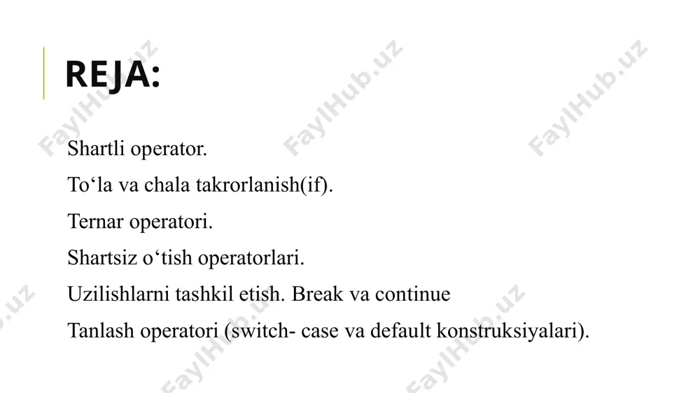 ernar operatori ternar operatori ( ? : ) shart amali agar tеkshirilayotgan shart nisbatan sоdda bo’lsa, shart amalini «?: » ko’rinishini ishlatish mumkin. bu operator quyidagi ko’rinishga ega: ? : ; ☺agar rоst (true) bo’lsa bajariladi, aks hоlda bajariladi. ☺оdatda ifоdalar qiymatlari birоrta o’zgaruvchiga o’zlashtiriladi. ternar operatori ikki sondan kattasini topuvchi dastur tuzilsin shartsiz o’tish operator odatda, dastur o‘z ishini yozilgan operatorlar ketma-ketligi bo‘yicha amalga oshiradi. operatorlarning tabiiy bajarilish ketma-ketligini buzish uchun, shartsiz o‘tish operatoridan foydalanish mumkin. dasturning biror operatoridan boshqarishni boshqa operatorga uzatish uchun, boshqarilish uzatiladigan operator oldiga tamg‘a (metka) qo‘yilishi kerak. shartsiz o’tish operator boshqarishni shartsiz uzatish operatori quyidagi formada yoziladi : goto ; bu yerda goto - … ga o‘tmoq. bu operator yordamida boshqarish ko‘rsatilgan metkali operatorga uzatiladi. bu metkalar lotin xarfi bilan boshlangan va o‘zgaruvchi sifatida e’lon qilinmagan bo‘lishi kerak. shartsiz o’tish operator break ва continue break operatori. ba’zi hollarda sikl bajarilishini ihtiyoriy joyda to‘xtatishga to‘g‘ri …