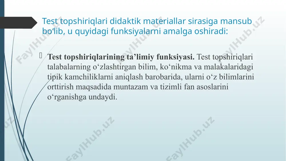 ishi lozim bo‘lgan o‘quv materiallari tushuniladi. test topshiriqlarining o‘sib boruvchi qiyinlik darajalari tizim shaklida mujassamlashtirilgan topshiriqda dastlabki testlar reproduktiv, produktiv, keyingilari qisma-izlanishli va ijodiy (kreativ) bo‘lishi nazarda tutiladi. test topshiriqlarining qiyinlik darajasi ko‘rsatkichlari tizim hosil qiluvchi, shu bilan bir qatorda topshiriqlar strukturasini aniqlovchi omil sanaladi. test topshiriqlarining mantiqiy jihatdan asoslanganligi mezoni o‘zida savol va topshiriqlarning mantiqiy ketma-ketlikda aks ettirilishi tushuniladi. o’quvchilarning bilim, ko’nikma, malaka va kompetensiyalarini baholashda ma’lum bir qonuniyatlar va talablar hisobga olinmog;i lozimki, bu qonuniyat va talablar pedagogic o’lchovlar fanining ob’ektini tashkil etadi. pedagogik o’lchovlar- ta’lim oluvchilarda bilim, ko’nikma, malaka, kompetensiyalarning shakllanganlik darajasini o’lchash(aniqlash) usullari va vositalarini ishlab chiqadigan hamda amalda qo’llaydigan pedagogika sohasi. “pedagogik o’lchovlar”, “baholash nazariyasi” va “testalogiya” bir ma’no bildiradigan atamalar sitatida qo’llaniladi. aqshda asosan “pedagogic o’lchovlar”, britaniyada “baholash” (“baholash nazariyasi”, “pedagogic baholash”), rossiyada esa “testologiya” atamalari qo’llaniladi. pedagogik o’lchovlar fanining asosiy obyekti baholash jarayoni va unda qo’llaniladigan vositalardir. baholash- biron-bir domenning (bilim, ko’nikma, malaka …
