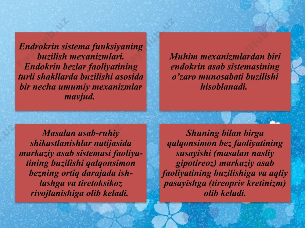 n bezda ko’payib gormon ishlanishiga va uni qonga chiqarilishiga olib keladi. bemorlarda xarakterli uchlik (uchta belgi) — bo’qoq, ko’zning chaqchayib qolishi (ekzoftalm) va taxikardiya paydo bo’ladi. bo’qoq odatda diffuz, ba'zan tugunli bo’ladi, u gistologik follikula epiteliyalarining surg’ichsimon o’sishi va stromasida limfoplazmositar elementlarning yoyilishi bilan ta'riflanadi. follikulalarda oz miqdorda kolloid bo’ladi. bazedov kasalligi gipertireoz yoki hatto tireotoksikoz bilan birgalikda kechadi. bemorlar ozib ketadilar. ular osonlikcha qo’zg’aluvchan, bezovta bo’lib qoladilar, kayfiyati tez o’zgaruvchanligi, tez charchashlik, qo'l panjalarining titroqligi, reflekslarining kuchayishi xarakterli bo’ladi. asab sistemasi va mushaklar faoliyatining buzilishi ularda atf yetishmasligi, mushaklarda glikogen zaxirasi-ning kamayishi va moddalar almashinuvining boshqa buzilishlari bilan bog’liqdir. taxikardiya simpatik-adrenal sistema bilan bog’liq. bemorlarda nafas tiqilishi, sistolik arterial bosim ortishi, poliuriya (siydikni ko’p ajralishi) kuzatiladi. ko’rsatib o’tilgan o’zgarishlarning ko’pchiligi tireotoksikoz vaqtida moddalar almashinuvining o’zgarishi, oksidlanish jarayonining kuchayishi, asosiy modda almashinuvi va haroratning ortishi bilan bog’liq bo’lib, u oranizmni gipoksiyasiga bo’lgan sezgirligini keskin orttiradi. glikogen, oqsil va yog’lar parchalanishi …