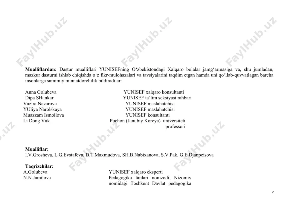 zolari hamda ular nomidan ish yuritadigan mamlakatlarga berilishi mumkin emas. dastur o‘zbekiston respublikasi maktabgacha ta’lim vazirligining 2018 yil 7 iyuldagi 4-sonli hay’at yig‘ilishi qarori bilan tasdiqlangan va nashr qilish uchun tavsiya etilgan. mundarija 1-bob. umumiy qoidalar ………………………………………………………………………….5 1.1. mtt davlat o‘quv dasturini qo‘llash........................................................................................5 1.2. mttning maqsad va vazifalari...............................................................................................5 2-bob. mttdagi ta’lim faoliyatining maqsad va tamoyillari..........................................6 2.1. mttdagi ta’lim faoliyatining maqsadlari..........................................................................6 2.2. mttda ta’lim faoliyatini tashkil qilish tamoyillari.....................................................6 2.3. qo‘shimcha ta’lim xizmatlarini tashkil qilish......................................................................7 2.4. alohida ehtiyojga ega bo‘lgan bolalar uchun mo‘ljallangan ta’lim faoliyati ....................7 2.5. ota-onalar bilan hamkorlik.....................................................................................................7 3-bob. maktabgacha yoshdagi bolalar ta’limiga kompetensiyaviy yondashuv..........................7 3.1. maktabgacha yoshdagi (6-7 yosh) bolaning asosiy umumiy kompetensiyalari............................8 3.2. bolaning rivojlanish sohalari kompetensiyalari ...............................................................8 3.2.1. «jismoniy rivojlanish va sog‘lom turmush tarzini shakllantirish» sohasi kompetensiyalari .............................................................................................................................. 8 3.2.2. «ijtimoiy-emotsional rivojlanish» sohasi kompetensiyalari.......................................9 3.2.3. «nutq, muloqot, o‘qish va yozish ko‘nikmalari» sohasi kompetensiyalari..
