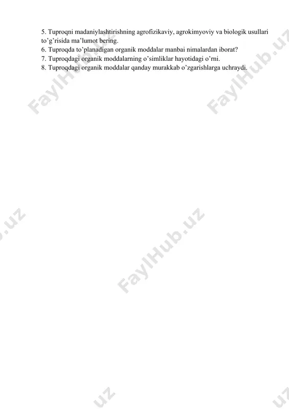 g biologik xususiyatlariga, o’sish va rivojlanish sharoitlariga bog’liqdir. ko’p yillik o’simliklar yuqori agrotexnika asosida parvarish qilinganda ularning ildizlari bir yillik o’simliklarga qaraganda uch marta ortiq ildiz qoldiqlari qoldiradi. kuzgi ekinlar, bahorgi don ekinlariga qaraganda organik moddalarni bir necha marta ortik to’playdi. bir gektar yerning haydalma qatlamida o’simlikning organik massasi bir necha sentnerdan 10 t gacha va undan ortiq bo’lishi mumkin. n. a. krasilnikov ma’lumotiga qaraganda, yil davomida faoliyatini yo’qotgan, nobud bo’lgan mikroorganizmlar massasi gektariga 6 t. ga yetadi. organik moddalarning umumiy zahirasida mikroorganizmlarning massasi katta qismni tashkil etmaydi, lekin tuproqlarnn ta’riflashda uning ahamiyati katta. organik moddalarning katta qismi (60% dan ko’prog’i), ya’ni hayvonot va o’simliklarning quruq qoldiqlari qulay sharoitda mikroorganizmlar faoliyatida karbonat kislota, ammoniy, kaliy, kalsiy kationlari va boshqa elementlar hamda n03, ro4 kabi anionlarni ajratib nisbatan tez parchalanadi. organik moddalarning parchalanganidan qolgan qismi ma’lum miqdorda parchalangan mahsulot bilan birgalikda gumus tarkibiga kiradi. mikroorganizmlar faoliyatining mahsuli va ildizlar ajratadigan moddalarning …