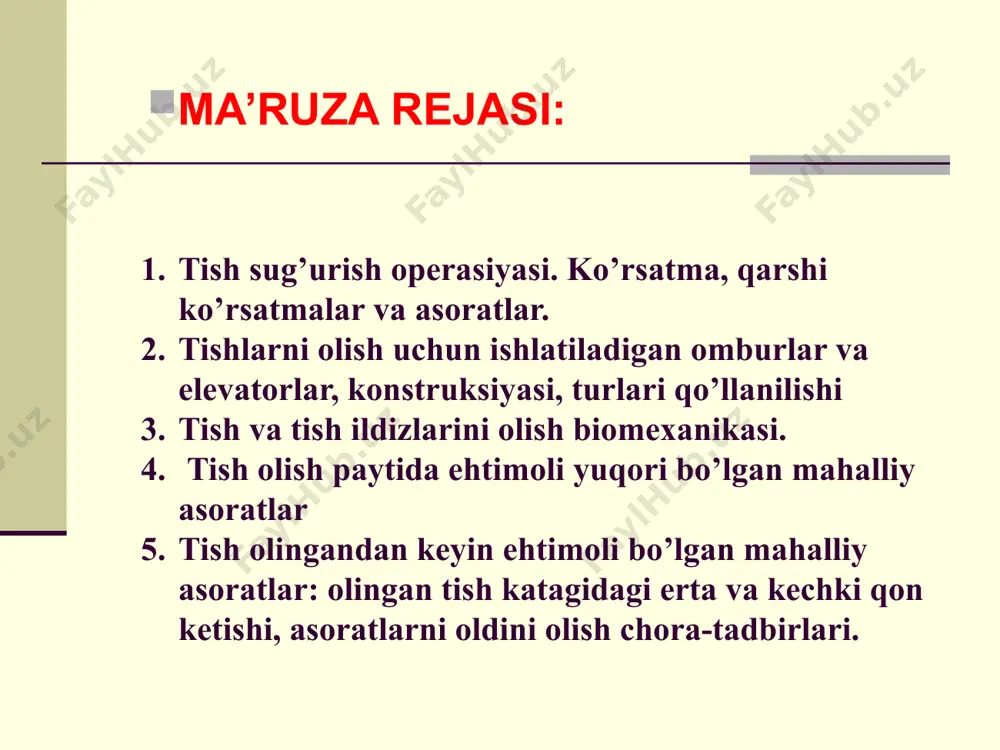 anali orqali) davolab, yiringli o’choqni drenajlash samara bermasligi, yoki tish o’zi funksional qiymatga ega bo’lmasligi. odontogen limfadenit, adenoflegmonaning sababchisi bo’lgan tishni konservativ usul bilan bartaraf etish imkoni bo’lmasligi. o’tkir va surunkali odontogen gaymorit (yuqori jag’ning yiringli sinusiti) sababchisini konservativ va xirurgik davolash samara bermasligi. - surunkali periodontitni konservativ va kichik jarrohlik aralashuvlar (granulyomektomiya, ildiz uchi rezeksiyasi, gemiseksiya) bilan davolash samara bermasa tish olib tashlanadi. surunkali infeksiya o’choqlariga bog’liq kasalliklar (revmatizm, endokardit, infeksion poliartrit, glomerulonefrit)da tishni konservativ davolash va tish saqlovchi operasiyalarga ko’rsatmalar doirasi torayadi. - parodontitga chalingan, jag’da mustahkam turmagan (iii —iv darajada qimirlayotgan), ovqatlanishga, protezlashga xalaqit qilayotgan tishlar. jag’ning siniq bo’laklari orasida joylashgan, infek- siya tushishiga va bo’laklar repozisiyasiga xalaqit berayotgan tish (tishlar). ildiz uchi kistalari davolanganda sababchi tishni ushlab turgan atrofidagi to’qimalar bo’shashib, mustahkam turishni ta’minlay olmasligi. jag’larning follikulyar kistalarida bo’shliqichidagi tish. alveolyar o’siqsagi xavfsiz o’sma bilan tutashgan tish olib tashlanadi. - chegaralangan xavfli o’smalarda joylashgan tishni olib …