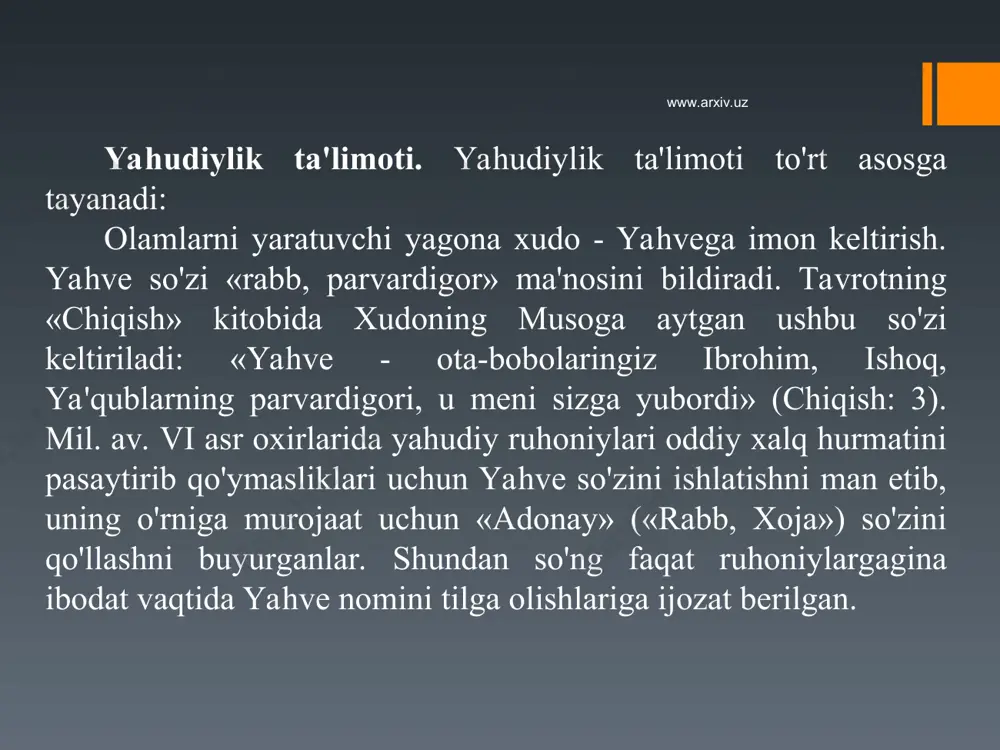 iv.uz www.arxiv.uz www.arxiv.uz hinduizmda keyingi davrda vedalardan tashqari xalq og'zaki ijodi namunalari, jumladan, «maxabxarata», ham muqaddas yozuvlarqatoriga qo'shilgan. hinduizmda ham braxmanlar asosiy o'rinni egallaydi. shuning uchun ham mazkur adabiyotlarning ko'pchiligi braxmanlar tomonidan yaratilgan. ular eski aqidalaming zamon talabiga javob bermasligini ko'rib, yangi qonun qoidalarga mos ravishda turli oqimlarni yuzaga keltirdilar. ular shu yo'l bilan o'z raqiblari hisoblangan buddistlarga qarshi kurash olib bordilar. hinduizm braxmanizmdan katta farq qiladi. unda maxabxarata va boshqa she'riy matnlar qadimgi sanskrit tilidan zamonaviy hind tiliga tarjima qilinib, muqaddasligi jihatidan asl matni bilan bir xil hisoblanadi. www.arxiv.uz www.arxiv.uz j a y n i z m . jaynizmning kelib chiqishi haqida ko'plab afsonaviy rivoyatlar mavjud. rigveda kitobida jaynizmning ikki tirtxakar\ar (yo'l tuzuvchi, ruhlarni ozod qiluvchi) rishabxa va arishtanem haqidagi rivoyat keltirilgan. ulardan birinchisi - rishabxa jaynizm ta'limotining asoschisi hisoblanadi. bu rivoyatlarda rishabxa shaxsida ilohiyat naroyana, ya'ni vishnu mujassam bo'lgan. bu ma'lumotlar ' jaynizmning veda dinlaridan ham qadimiyroq ekanligini …