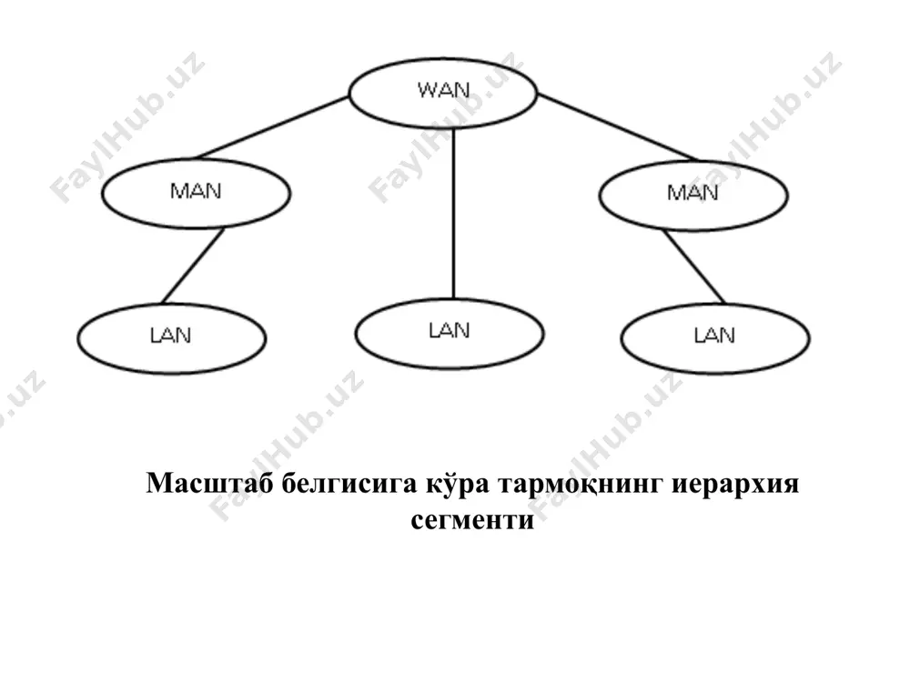 р бир ҳил ҳуқуқга эгадирлар: компьютерлар ўртасида иерархия ва ажратилган (dedicatet) сервер йўқдир. кўпинча ҳар бир компьютер мижоз сифатида ва сервер сифатида ишлайди; биррангли тармоқ–бу унча катта бўлмаган жамоа, шунинг учун биррангли тармоқда асосан 10тадан ортиқ бўлмаган компьютерлар ишлайди. биррангли тармоқ бир қанча стандарт ечимлар билан тавсифланади: компьютерлар фойдаланувчиларнинг иш столида жойлашган, фойдаланувчиларнинг ўзлари маъмурият ролида чиқадилар ва ахборот хавфсизлигини таъминлайдилар. компьютерларни боғлаш учун оддий кабел системасидан фойдаланилади. сервер асосидаги тармок сервер шундай лойиҳалаштирилганки, бунда кўпгна файллар ва принтерларга кириш амалга оширилади ва бунда юқори даражада ҳимоялаш амалга оширилади. маълумотларга кириш ва уларни маъмурлаш марказлаштирилган холда амалга оширилади. кўпинча ресурсларҳам марказлашган бўлади, бу эса уларни қидириш ва қўллаб қувватлашни осонлаштиради. масалан, windos nt serwer системасида каталогларни ажратиш file menager асосида амалга оширилади. махсус серверлар тузилиши мумкин: файл-серверлар ва принт-серверлар, масофадан кириш сервери, амалий серверлар, почта сервери, факс-серверлар, хабарлар сервери. сервер асосидаги тармок сервер асосидаги тармок қуйидаги хусусиятларга эга. сервер шундай …