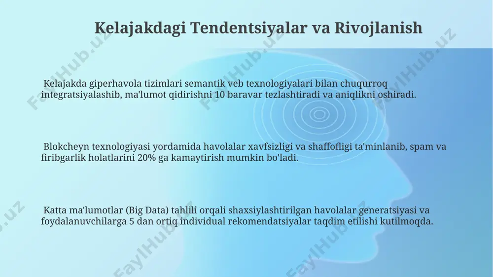 xizmat ko'rsatishning yuqori narxini, shuningdek, 99,9% ishonchlilik darajasiga erishish uchun katta investitsiyalarni ta'kidlash mumkin. bog'lanishlar tizimining afzalliklari ma'lumotlar uzatish tezligini 10-100 baravar oshirish imkoniyatini beradi, bu esa samaradorlikni sezilarli darajada yaxshilaydi va kommunikatsiya xarajatlarini kamaytiradi. bog'lanishlar tizimining xavfsizlik darajasi, o'rtacha 3-5 yildan keyin yangilanish zarurati va 1000 dan ortiq foydalanuvchilar uchun samaradorligini optimallashtirish masalalari muhim kamchiliklar hisoblanadi. e'tiboringiz uchun rahmat @taqdimot_robot image1.png