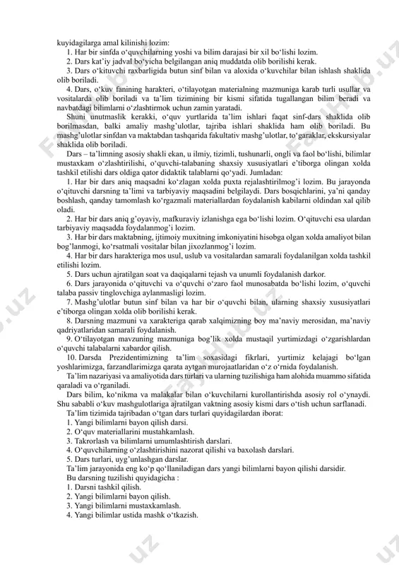ni kat’iy chegaralangan vaktda, bir xil yoshdagi bolalar bilan olib borish, ta’lim mazmunini boskichma-boskich berish masalalariga aniqlik kiritilmagan edi. ta’limning tashkiliy masalalari al-forobiyning “fan va aql - zakovat” asarida o‘quv fanlarini guruxlarga bo‘lib o‘kitish, ularning tarbiyaviy moxiyatini ochish masalalariga e’tibor berilgan. pedagogika tarixida, ta’lim tashkil etishning asosiy shakli dars hisoblangan. sinf-dars tizimini didaktik talablar asosida yaratishda buyuk chex pedagogi yan amos komenskiyning (1592-1670) xizmatlari katta, uni sinf-dars tizimining asoschisi sifatida butun dunyo tan olgan. ya.a.komenskiy “buyuk didaktika“ asarida, o‘kuv mashgulotlarini gurux shaklida tashkil kilish, o‘kuv yili va o‘kuv kunini bir vaktda boshlash, mashgulotlar orasida tanaffuslar berilishini, guruxlardagi bolalarning yoshi va soni bir xil bo‘lishiga aloxida e’tibor berdi. dars davomida o‘kuvchilar dikkatini to‘plash, materialni batafsil tushuntirish, o‘kuvchiga savollar berish, o‘zlashtirish jarayonini nazorat kilish zarurligini ta’kidlaydi. bu tarixiy jarayonda pedagogika fani oldida turgan muammolardan biri ta’limning tashkiliy shakllarini samaradorligini oshirish, ayniksa, darsni samaradorligini oshirish bilan boglik ilmiy-nazariy uslubiy va amaliy muammolarni xal …