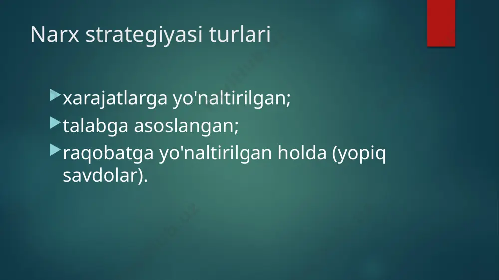 n mahsulotlarning mashhurligi ushbu narxlar strategiyasining namunasidir. bozorga kirish strategiyasi kompaniya tejashga hissa qo'shadigan ishlab chiqarishni ko'paytirganda ro'y beradi. ushbu strategiya yangi mahsulotlarni namoyish etishda samarali. "rivojlanish egri tomonida" narxlash strategiyasi orttirgan tajribaning ijobiy tomonlarini va raqobatchilarga nisbatan past xarajatlarni hisobga oladi. narxlar strategiyasi biznes tsiklining boshida mahsulot sotib olgan mijozlar pulni tejashga yordam beradi (agar keyingi xaridlar bilan taqqoslansa). jug'rofiy narxlarni belgilash strategiyasi - bu bozorning tegishli qismlari uchun raqobatbardosh narx (boshqa fob mamlakatlarida - jo'nash stantsiyalari). assortiment narxlarini aniqlash strategiyalari "set" narxlash strategiyasi, bu taqqoslanadigan narx ta'siriga asoslangan: tovarlarni birgalikda (ommaviy holda) sotib olish arzonroq, chunki ularning narxi ancha past. strategiyani qo'llash sababi almashtirilmaydigan tovarlarga talabning notekisligi. shunga o'xshash narxlash sxemalari mavsumiy chiptalarni sotishda, restoran yoki kafelar menyusidagi murakkab tushliklarni, mashinalar uchun uskunalar va ehtiyot qismlar to'plamlarida o'z aksini topgan. yuqorida qiymatlarni belgilash strategiyasi ishlab chiqarishni ko'paytirish tufayli qo'shimcha daromad keltirishi mumkin bo'lgan almashtiriladigan tovarlarga kompaniyaning notekis talabiga …