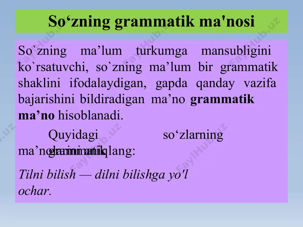 grammatik shakllari affikslar, yordamchi so`zlar vositasida, so`zlarni juftlash yoki takrorlash orqali hosil qilinadi. shunga ko`ra so`zlarning quyidagi grammatik shakllari farqlanadi: sintetik shakl. bu shakl shakl yasovchi affikslar vositasida hosil bo`ladi: kitobning, kitobni, kitobga, kitobda; o`qimoqdaman, o`qimoqdasan, o`qimoqdamiz, o`qimoqdasiz kabi. analitik shakl. mazkur shakl yordamchi so`zlar orqali yuzaga keladi: bolalar uchun, zavq bilan, o`qib tur, o`qib ko`r kabi. juft va takroriy shakl. ikki so`zni juftlash yoki bir so`zni takrorlash bilan ham grammatik shakl yasaladiki, bunday shakl juft va takroriy shakl deb yuritiladi: tog`-tosh, katta-kichik juft shakli umumlashtirish ma’nosini, savat-savat (non), tog`-tog` (paxta) takrorlash shakli ko`plik, mo`llik ma’nosini ifodalaydi, katta-katta, tez-tez takroriy shakl ma’noni kuchaytirish uchun xizmat qiladi. grammatik katеgoriya bir-biriga qiyosan olinadigan ikki yoki undan ortiq grammatik ma’no bilan shu ma’noni ifodalovchi grammatik shakllar tizimi grammatik kategoriya deyiladi. kategoriyalarga va grammatik kategoriyalarni morfologik sintaktik kategoriyalarga ajratish mumkin. morfologik kategoriyalar morfologik grammatik kategoriyalarga, birinchidan, so`z turkumlarining o`zi, ya’ni ot, sifat, son, fe’l …