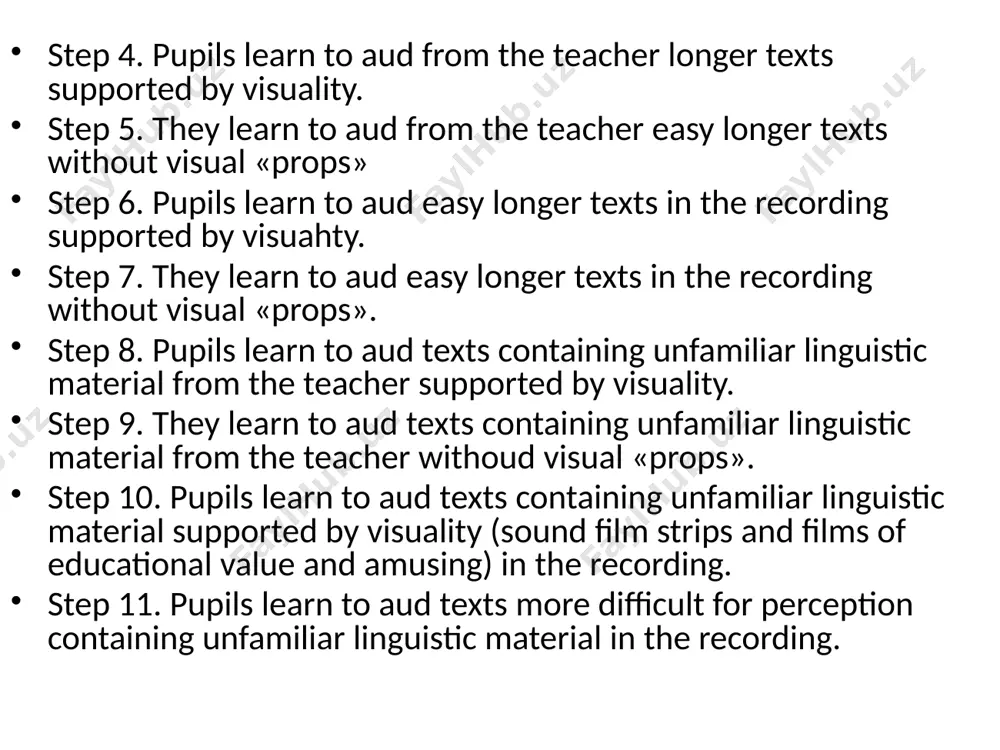 ivate pupils’ interest to listen. 4- define a purpose for the listening activity; ask a pre-question pupils think of its answer while listening or identify a task for pupils to complete during listening. #2. during listening stage: * pupils listen to the text at least twice: 1- the first time allows pupils to answer the pre-question, get a general idea about the topic and verify the accuracy of their predictions. 2- the second time and subsequent times help pupils to derive the information they need to complete the tasks identified in pre-listening stage. * examples for some tasks to be done during listening: 1- answering some questions on specific information in the listening text. 2- a map chart/graph pupils complete as they listen. #3. post-listening stage: * pupils act upon what they have heard to give evidence that they understood the text. * examples for some post-listening tasks: 1- summarize …