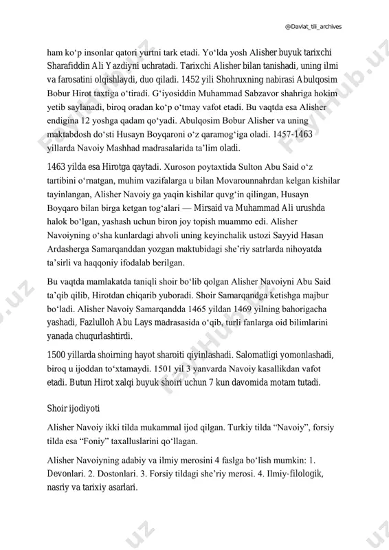 filologik, nasriy va tarixiy asarlari. @davlat_tili_archives alisher navoiyning oʻzbek tilida yaratgan sheʼriy merosi asosan "xazoyin ul- maoniy" devoniga jamlangan. asar 4 qismdan iborat. devonning birinchi qismiga "gʻaroyib us-sigʻar" ("bolalik gʻaroyibotlari"), ikkinchi qismiga "navodir ush-shabob" ("yigitlik nodirotlari"), uchinchi qismiga "badoyeʼ ul- vasat" ("oʻrta yosh badialari") va nihoyat, toʻrtinchi qismiga "favoyid ul-kibar" ("keksalik foydalari") degan nomlar berildi. "xazoyin ul-maoniy" inson bolasining murakkab va yuksak tafakkuri hamda behisob his-tuygʻulari bilan bogʻliq minglarcha sheʼr va oʻnlarcha sheʼr turlarini oʻz ichiga olgan majmua boʻlib, sharq adabiyoti tarixida noyob hodisadir. bu xil majmua alisher navoiyga qadar amir xisrav dehlaviy tomonidangina tuzilgan. ushbu devonga kirgan minglarcha sheʼrlarni alisher navoiy butun umri davomida turli sharoitlarda, har xil sabablar bilan yozgan boʻlib, ular shoir hayoti va u yashagan davr bilan sonsiz-sanoqsiz iplar orqali bogʻlangan. alisher navoiy "xazoyin ul-maoniy" ga qadar "ilk devon", "badoyeʼ ul-bidoya", "navodir un- nihoya" devonlarini tuzgan. "xazoyin ul-maoniy" ana shu 3 devonga kirgan hamda "navodir ul-nihoya" …