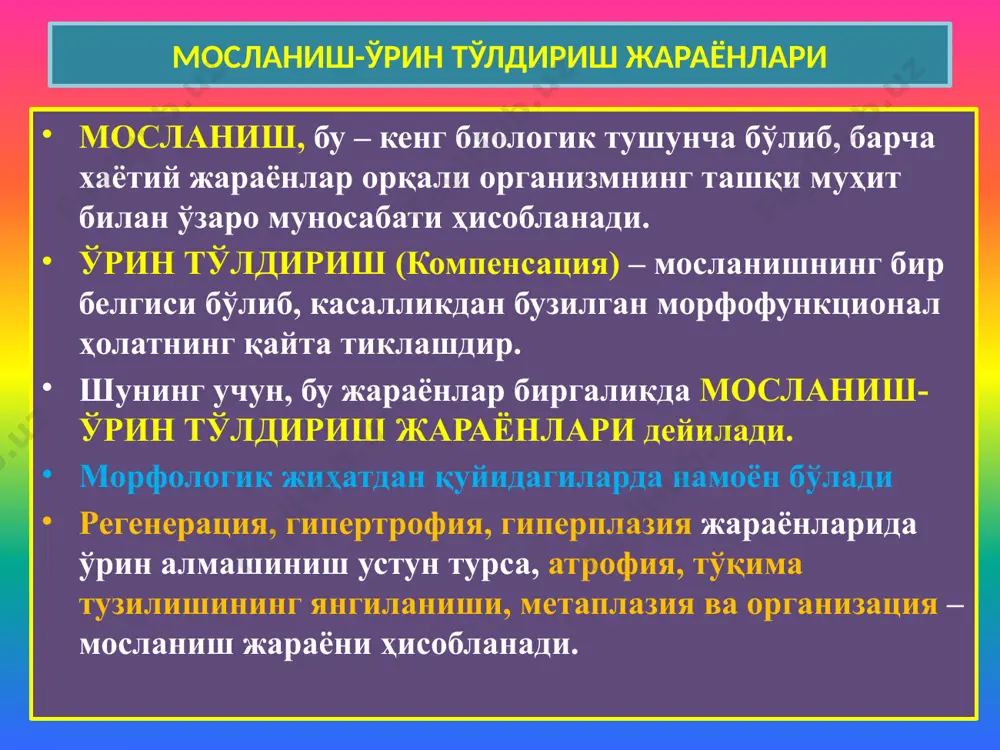 3. янги толалар 1 1 2 2 3 3 4 операция ўрнида чандиқ пайдо бўлиши инфарктдан кейинги кардиосклероз репаратив регенерация – тўлиқмас регенерацияда чандиқ тўқима пайдо бўлиши. грануляцион тўқимада 1,5-2 ой давомида бириктирувчи тўқима бласт ҳужайралари етилиб, такомиллашади, толалар кўпаяди ва қўполлашади, қон томирлар торайиб, девори қалинлашади ва склероз, яъни фиброз тўқимага айланади. меьда шиллиқ пардаси қопловчи ва без эпителийсида ичакга хос қадоҳсимон эпителий ҳужайраларнинг пайдо бўлиши, яъни метаплазияси простата без ацинуслари бир қаватли эпителийсининг кўп қаватли эпидермоид эпителийга айланиши, яъни метаплазияси патологик регенерация гипертрофия ва гиперплазия гипертрофия – аъзо, тўқима, ҳужайралар хажмининг катталаниши (кардиомиоцитлар, склет мушаклари, нейронлар). гиперплазия – тўқима ва ҳужайра структур элементлари сонининг кўпайиши (бириктирувчи тўқима, суяк, шиллиқ парда, суяк кўмиги, лимфа тугунлар, талоқ). пайдо бўлишига қараб гипертрофия (гиперплазия) қуйидагича турланади: 1) ишчи (компенсатор) – юрак порокларида қаринчалар девори гипертрофияси; 2) викар – жуфт аъзоларнинг биттаси олиб ташланганда иккинчисининг ўрин босиш гипертрофияси; 3) нейрогуморал – эндометрийнинг дисгормонал …