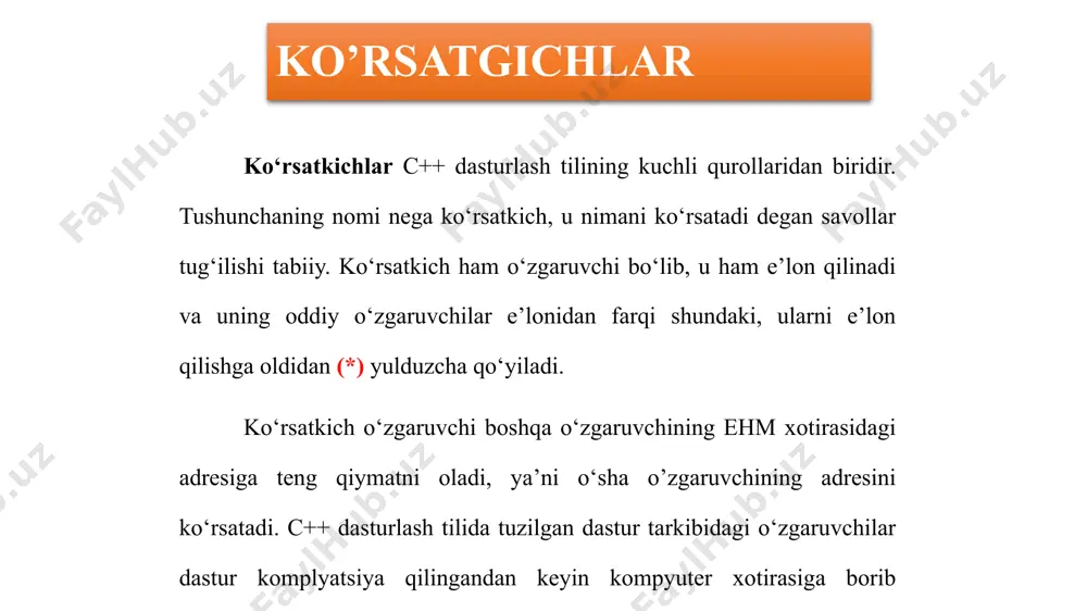 vchi va o‘zgarmas qiymatlarga ko‘rsatkich e’lon qilish bir xil bo‘ladi. c++ dasturlash tilida o‘zgaruvchi ko‘rsatkichining yozilishi quyidagicha: * ; c++ dasturlash tilida o‘zgaruvchiga ko‘rsatkich e’lon qilishni quyidagi dastur orqali aniqlaymiz: void ko‘rsatkichlar void ko‘rsatkichlar - ob’ekt turi oldindan aniq bo‘lmagan holatlarda ishlatiladi. void ko‘rsatkichini afzalliklari unga har qanday turdagi ko‘rsatkich qiymatini yuklash mumkin. c++ dasturlash tilida void ko‘rsatkichining yozilishi quyidagicha: void * ; void ko‘rsatkichi sifatida e’lon qilingan ko‘rsatkichga boshqa turdagi o‘zgaruvchilami taminlash imkoniyati mavjud bo’ladi. ko’rsatgichlarga boshlang’ich qiymat berish c++ dasturlash tili tarkibidagi ko‘rsatkichlarga boshlang’ich qiymatlami berish uchun, albatta, biror o‘zgaruvchi orqali qabul qilish maqsadga muvofiq bo‘ladi. ko‘rsatkichlarga boshlang’ich qiymatlarni = belgisi yoki qavs ichiga olib berilish mumkin. ko‘rsatkichlami boshlang’ich qiymatlarini berish uchun quyidagi dasturga e’tibor bering: int main() { int n=9,m=10; int *y=&n; int *x(&m); cout<<x<<endl; cout<<y<<endl; return 0; } ko’rsatgichlarga boshlang’ich qiymat berish c++ dasturlash tilida ko‘rsatkichlar ustida bajariladigan amallar quyidagilarni tashkil etadi: -ob’ektga vositali murojat qilish …