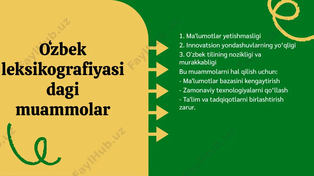 o'z ichiga oladi. bular orasida raqamli leksikografiya, sun'iy intellekt yordamida so'zlar va ifodalarni aniqlash va izlash, shuningdek, onlayn resurslar orqali ma'lumotlarni tez va samarali taqdim etish metodlari mavjud. o'zbek leksikografiyasida innovatsion tadqiqotlar so'z boyligini kengaytirish, tarixi va madaniyati bilan bog'liq yangi ma'lumotlarni kiritish bilan birga, xalqaro leksikografiya tajribalarini o'rganishni ham o'z ichiga oladi. shuningdek, zamonaviy tendensiyalar - bu leksikografiya dasturlarining rivojlanishi va foydalanuvchilar ehtiyojlariga mos keladigan interaktiv platformalarning yaratilishidir. 1. sayfullayeva r.,hozirgi o‘zbek adabiy tili. – toshkent:, 2010. 2. jamolxonov h. hozirgi o‘zbek adabiy tili. – toshkent: o‘zme, 2013. 3. rahimov s., umurqulov b. hozirgi o‘zbek adabiy tili. – toshkent: o‘qituvchi, 2003. 4. rаhmаtullаyеv sh. hоzirgi аdаbiy o‘zbеk tili. –t. 2006. 5. “xurshid davron kutubxonasi” sayti. foydalanilgan adabiyotlar: e'tiboringiz uchun rahmat! designed by slides carnival image1.png image2.png image3.png image4.png image5.png image6.png image7.png image8.png image9.png image10.png image11.png image12.png image13.png image14.png image15.png image16.png image17.png image18.png image19.png image20.png image21.png image22.png image23.png image25.png image26.png …