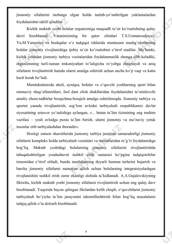 itish jarayoni tushuniladi. maktab darsi jismoniy mashqlar bilan shuullanish mashulotlarning alo‘ida shakli bo‘lib u umumta’lim maktablari, akademik, kasb-xunar litseylari, oliy o‘quv yurtlari, kolledj, gimnaziya va boshqa o‘quv muassasalardagi mashulotlardan o‘zining maqsadi va vazifalari bilan farqlanadi. jismoniy tarbiya jarayoni bir yillik emas. mazmuni va tashkillanishini turli tumanligi bilan xarakterlanadigan mashulotlar turkumi orqaligina tarbiyaning bu yo‘nalishida ma’lum natijalarga erishishni maqsad qilib qo‘yish mumkin. xar bir mashulot alo‘ida vazifaga, oldin o‘tkazilgani va keyin o‘tkaziladiganlarinining ayrim bo‘laklari bilan albatta bolanishi bilan farqlanadi va belgilangan tizim asosida olib boriladi. jismoniy tarbiya darslarining xarakterli tomoni shundaki u maxsus tayergarlikka ega bo‘lgan mutaxassis tomonidan, jismoniy rivojlanganligi va tayergarligi taxminan bir biriga yakin kontingent bilan, bir necha yilga muljallangan dastur asosida xamda belgilangan tizimdagi jadval bilan tashkillanadi. darslar umumiy jismoniy tarbiya, kasb-xunar jismoniy tayergarligi va sport ixtisosligi uchun o‘tkaziladigan tizimli mashulotlarning nisbatan tejamli, samarali shaklidir. jismoniy mashqlar bilan shug’ullanish mashg‘ulotlarning boshqa tipik formalari o‘zining davriyligi, tizimli emasligi, faqat …