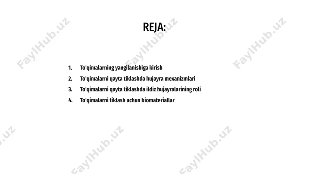 malarni tiklash va yangilashni o'z ichiga oladi. ildiz hujayralari bu jarayonda to'qimalarni tiklash uchun ixtisoslashgan hujayra turlariga ajralish orqali hal qiluvchi rol o'ynaydi. ildiz hujayralari o'z-o'zini yangilash va farqlash qobiliyatiga ega, bu ularni to'qimalarning yangilanishi uchun zarur qiladi. ular turli to'qimalarda bo'lishi mumkin va har xil turdagi hujayralarni qayta tiklash potentsialiga ega. ildiz hujayralari to'qimalarning yangilanishiga qanday hissa qo'shish mexanizmini tushunish samarali regenerativ terapiyani ishlab chiqish uchun juda muhimdir. ildiz hujayralarining kuchidan foydalanish turli kasalliklar va jarohatlarni davolash uchun istiqbolli yo'llarni taklif etadi. to'qimalarning yangilanishi tabiiy yoki sun'iy vositalar yordamida shikastlangan to'qimalarni tiklash va yangilashni o'z ichiga oladi. biomateriallar bu jarayonda hal qiluvchi rol o'ynaydi va yangi to'qimalarning o'sishi uchun zamin yaratadi. 01 to'qimalarni qayta tiklash mexanizmi tananing biomaterialni tanib olish va unga javob berish qobiliyatiga bog'liq bo'lib, yangi to'qimalarning shakllanishiga olib keladigan biologik hodisalar kaskadini qo'zg'atadi. 02 biomateriallar va tana o'rtasidagi o'zaro ta'sirni tushunish orqali tadqiqotchilar to'qimalarning samarali tiklanishiga …