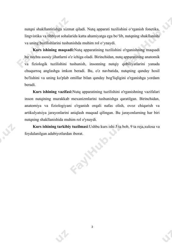 maqsad qilingan. bu jarayonlarning har biri nutqning shakllanishida muhim rol o'ynaydi. kurs ishining tarkibiy tuzilmasi:ushbu kurs ishi 3 ta bob, 9 ta reja,xulosa va foydalanilgan adabiyotlardan iborat. i.bob.nutq apparatining umumiy tuzilishi. 1.1.nutq apparatining ahamiyati va uning inson muloqotidagi roli. nutq apparati inson muloqotida muhim rol o‘ynaydi. u nutq jarayonini amalga oshirish uchun zarur bo‘lgan anatomik va fiziologik tuzilmalardan iborat. nutq apparati, asosan, ovoz chiqarish, so‘zlarni ifoda etish va muloqot qilish jarayonlarida ishtirok etadi. ushbu apparatga til, lablar, og‘iz, yumshoq tanglay, qattiq tanglay, bo‘yin va nafas olish tizimi kiradi. har bir qismning o‘ziga xos vazifalari bor va ular birgalikda inson nutqini hosil qiladi.[footnoteref:2] nutq apparatining ahamiyati shundaki, u nafaqat ovoz chiqarishda, balki so‘zlarni to‘g‘ri talaffuz qilishda va ularni mantiqiy ravishda bir-biriga bog‘lashda ham muhimdir.nutq apparati insonning o‘z fikrlarini, his-tuyg‘ularini va g‘oyalarini boshqalar bilan ifoda etish uchun zarurdir. inson muloqoti asosan nutq orqali amalga oshiriladi, bu esa odamlarning bir-biri bilan aloqalarini o‘rnatish, …