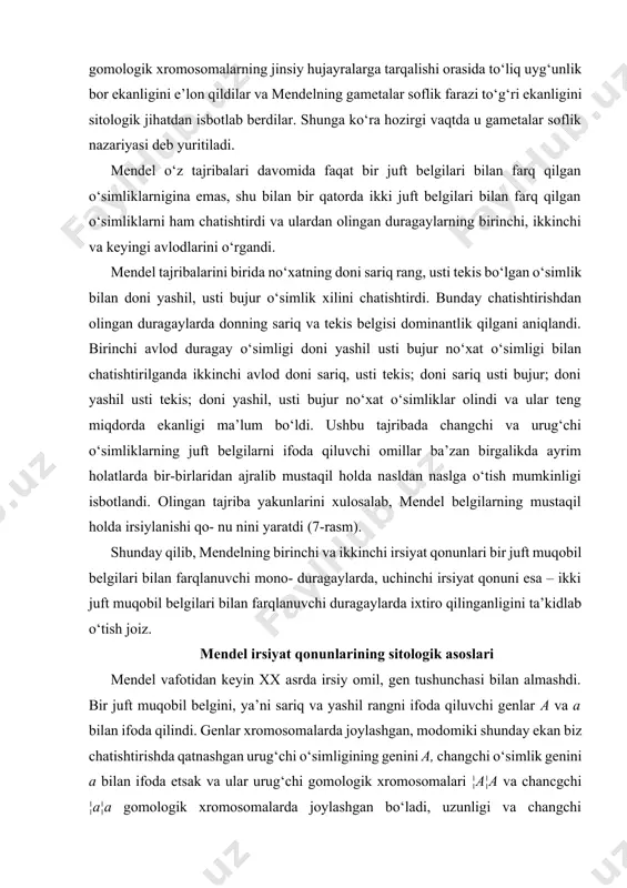 iklarning chatishishidan olingan natijani sitologik jihatdan tubandagicha izohlash mumkin. fen qizil oq p gen aa x aa sit ¦a¦a ¦a¦a f1 fen qizil oq gen aa x aa sit ¦a¦a ¦a¦a f2 fen qizil qizil qizil oq ¦a¦a ¦a¦a ¦a¦a ¦a¦a ¦a¦a diduragaylardagi olingan natija sitologik jihatdan quyi- dagicha tushuntiriladi p gametalar f 1 gametalar f 1 gametalar f 1 f 1 p 7-rasm. diduragay chatishtirishdagi irsiylanishning sitologik asoslari. belgilarning birikkan holda irsiylanishi amerika olimi tomas morgan o‘z shogirdlari bilan birgalikda 1912–1926-yillar mobaynida kichik meva pashshasi drozofila melanogasterning muqobil belgilari bilan farq qiluvchi shakllarini chatishtirish va duragaylarda ota-ona belgilarini irsiylani shini o‘rganish bo‘yicha tadqiqot ishlarini olib bordi. taj ri ba larning birida tanasi kulrang, qanoti uzun drozofila bilan tanasi qora, qanoti qisqa drozofilani chatishtirib birinchi avlod olindi. unda ota-ona drozofilalarning tanasi kulrang, qano- tining uzun bo‘lishi dominant belgi ekanligi aniqlandi. duragaylarning birinchi avlodining erkagi ota-onaning retsessiv belgilarini o‘zida mujassamlashtirgan qora …