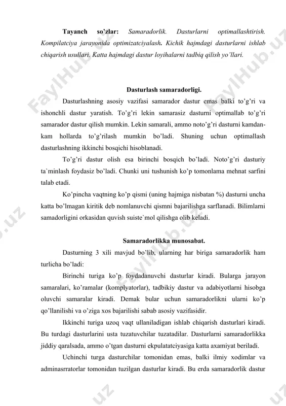 tur uchun tegishli bo’lib, berilgan xotira hajmida joylashgan va qo’llanilaetgan vaqtida bajarilishi kerak. dasturni samaradorligini oshirish ko’pincha usular uni oson o’qilishi uchun ta`sir ko’rsatadi. dasturni oson o’qilishiga uning samaradorligiga nisbatan ancha jiddiy qaraladi. chunki bunday dasturlarni sozlash, modifitcirlash va undan foydalanish ancha osondir. optimallashtiruvchi kompyuterlar. samaradorlik dasturni loyihalashning ikkita bosqichida muhimdir: ob`ekt dasturini samaradorligini yaratuvchi ko’rama juda katta hajmga ega bo’ladi. lekin juda sekin ishlaydi. chunki u ob`ekt dasturini optimallashtiradi. shu sababli xozirgi 1 ta mashina 2 tadan komplayatorlar har bir kirish tili uchun ishlaydi. 1 - chi komplyator tez ishlaydi, lekin samarasiz ob`ekt dasturlarini yaratadi. bu komplyator dasturiy sozlashda ishlatiladi. 2 - chi komplyator sekin ishlaydi ammo dasturni optimllab samarali ishlab chiqaradi. bu komplyatorlarda ob`ekt modullarini yaratilishiga foydalidir. programani oz hajmi bilan ishlash samaradorlik deb ataladi. lekin samaralorlik 2-bosqich bo’lib, birinchi bosqichda dasturni to’g’ri ishlashini tashkil qilish kerak. inson faktorini hisobga olish. dasturni foydalanuvchi ishlatganligi munosabati bilan inson faktorini …
