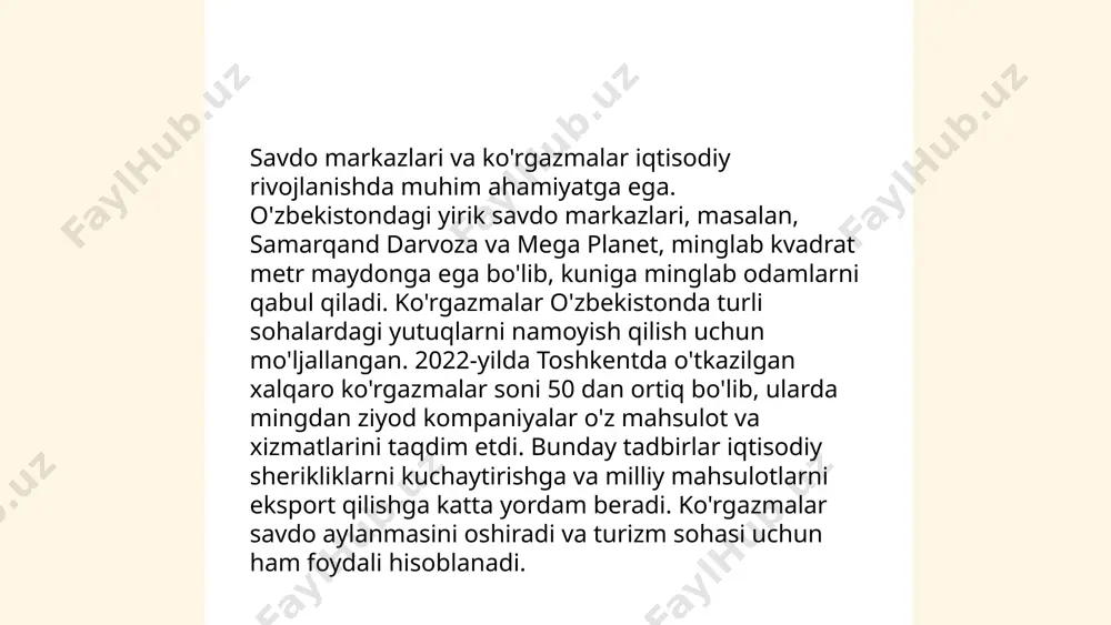 chakana savdo sektorining 10% o‘sishini ko‘rsatadi. textile, oziq-ovqat va elektronika chakana bozorida eng faol segmentlar hisoblanadi. respublika bo‘yicha jami 100 mingdan ortiq chakana savdo nuqtalari mavjud bo‘lib, ularning aksariyati toshkent va unga yaqin hududlarda joylashgan. ... t.me/slaydai_bot 12. raqamli savdo infratuzilmasi o‘zbekiston uchun muhim ahamiyatga ega bo‘lib, so‘nggi yillarda sezilarli darajada rivojlanmoqda. 2023 yil holatiga ko‘ra, mamlakatda 60% internetga ulanish mavjud bo‘lib, undan ko‘p foydalanuvchi elektron tijorat xizmatlaridan foydalanmoqda. mobil to‘lovlar soni 2022 yilda 30% ga o‘sdi. o‘zbekistonda raqamli to‘lov platformalari orqali amalga oshiriladigan savdolar hajmi 5 milliard aqsh dollaridan oshdi. 2023 yil davomida yirik investitsiyalar natijasida yangi internet tarmog‘i infratuzilmalari yaratilmoqda, bu esa savdo ekotizimini yanada rivojlantiradi. har oyda internet orqali xaridlar soni o‘rtacha 15% ga ortib bormoqda. bozor infratuzilmasi va uning unsurlari baxronov alisher e'tiboringiz uchun raxmat! image1.png image2.png image3.png image4.jfif image5.jpg image6.jfif image7.jfif image8.jpg /docprops/thumbnail.jpeg