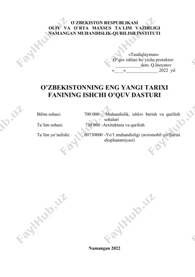 oʻzbekistonning eng yangi tarixi fanining ishchi oʻquv dasturi — DOCX